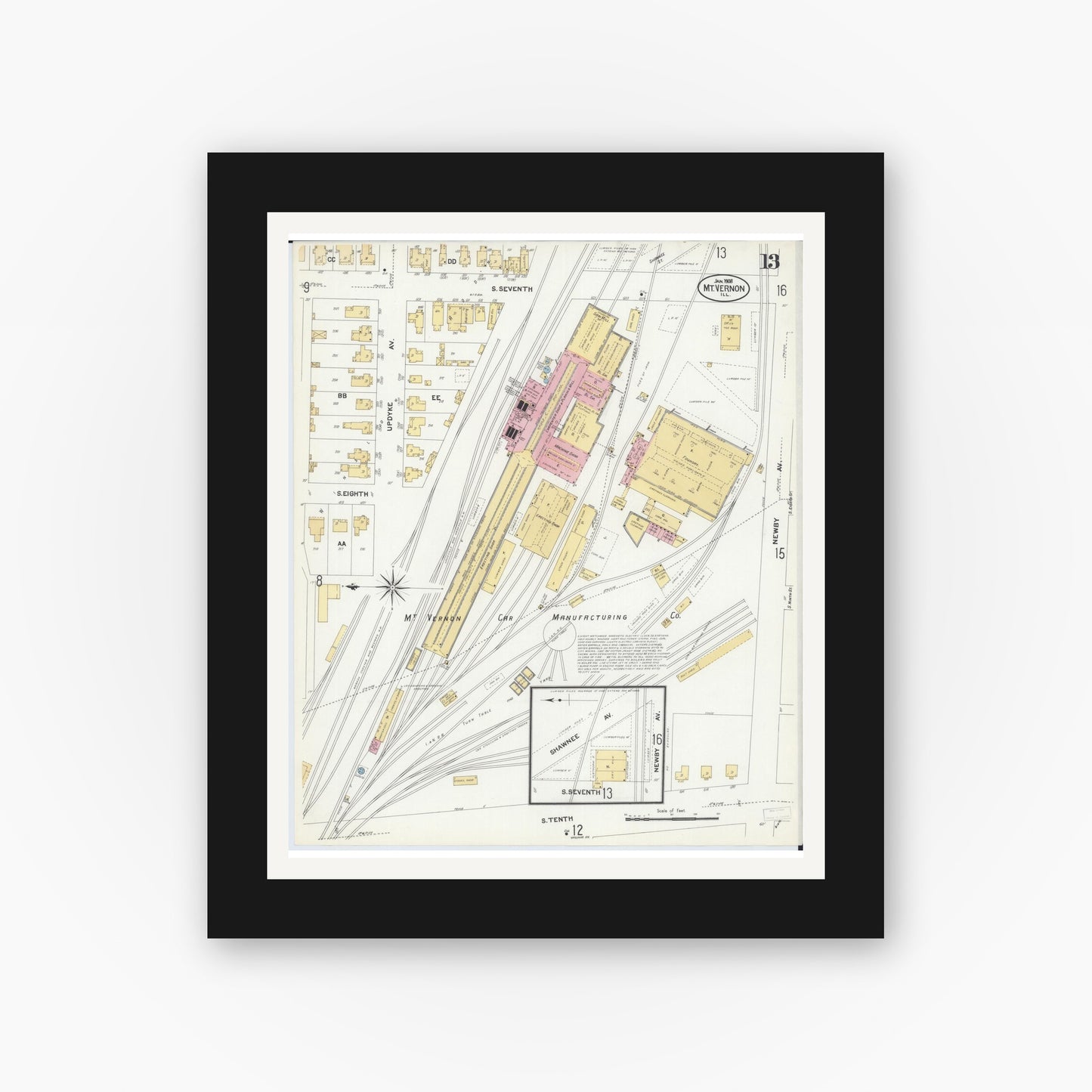 Old map wall art mockup — black gallery frame with white mat — Sanborn Fire Insurance Map from Mount Vernon, Jefferson County, Illinois (1908), Sheet #0013