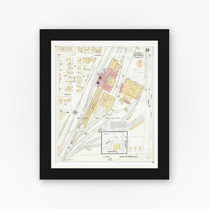 Old map wall art mockup — black gallery frame with white mat — Sanborn Fire Insurance Map from Mount Vernon, Jefferson County, Illinois (1908), Sheet #0013