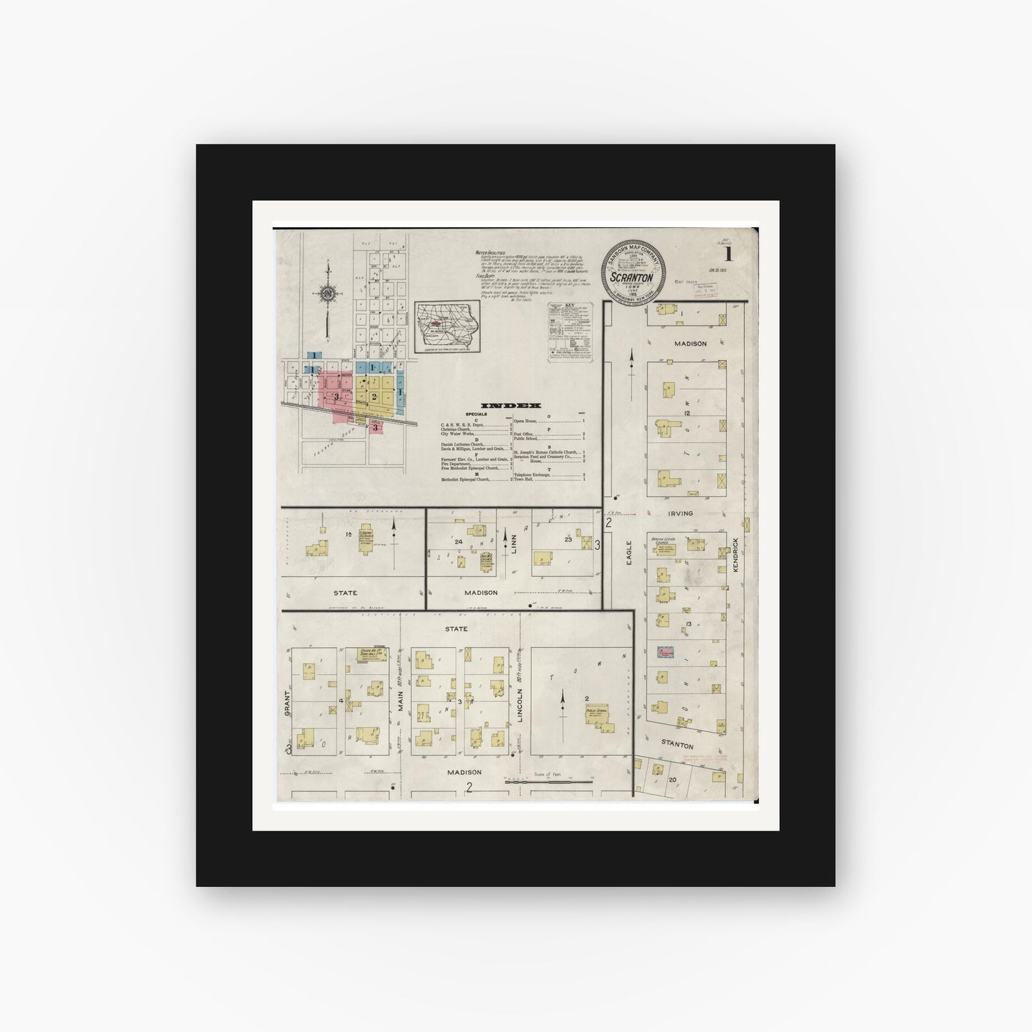 Old map wall art mockup — black gallery frame with white mat — Sanborn Fire Insurance Map from Scranton, Greene County, Iowa (1915) â€” Complete Set