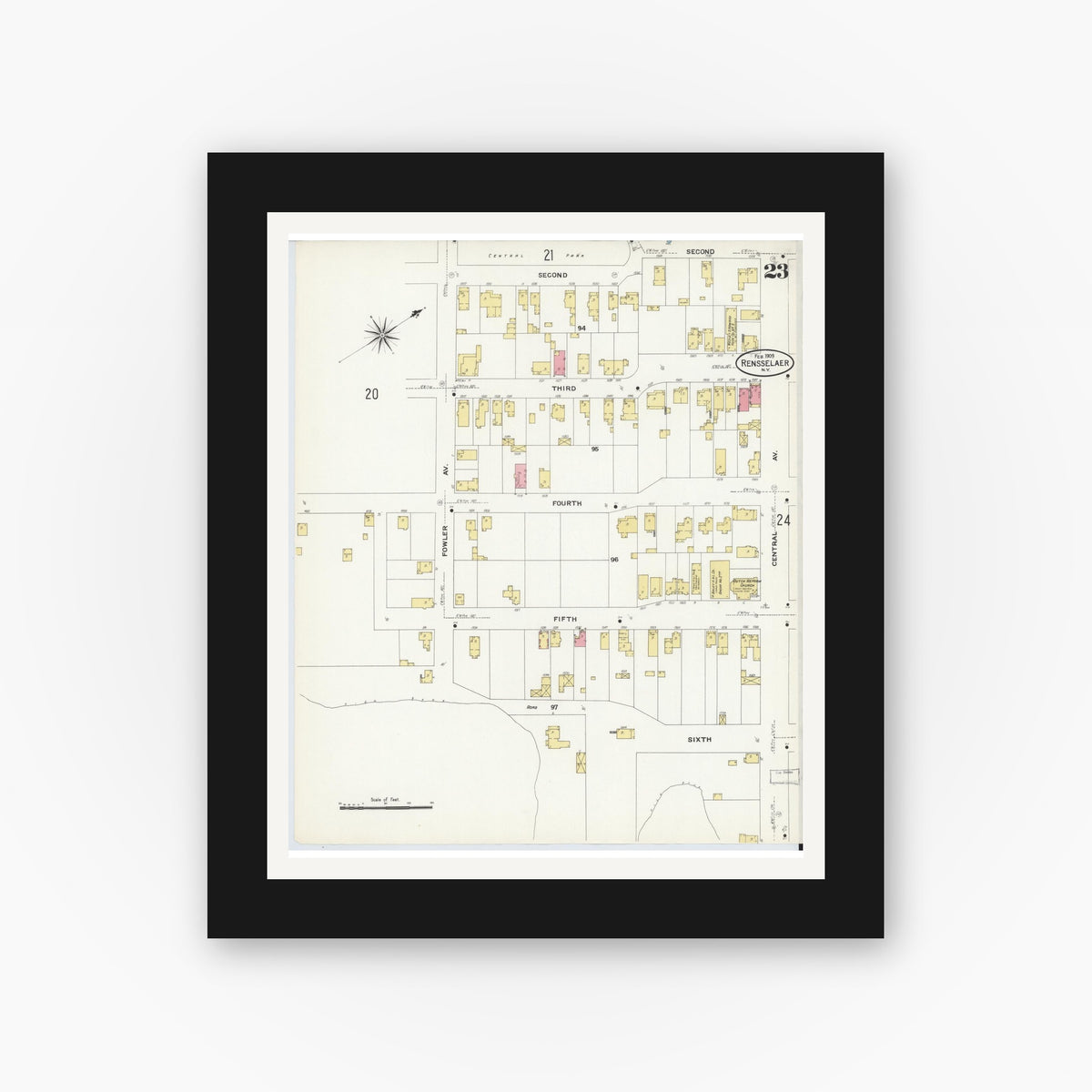 Old map wall art mockup — black gallery frame with white mat — Sanborn Fire Insurance Map from Rensselaer, Rensselaer County, New York (1909), Sheet #0023