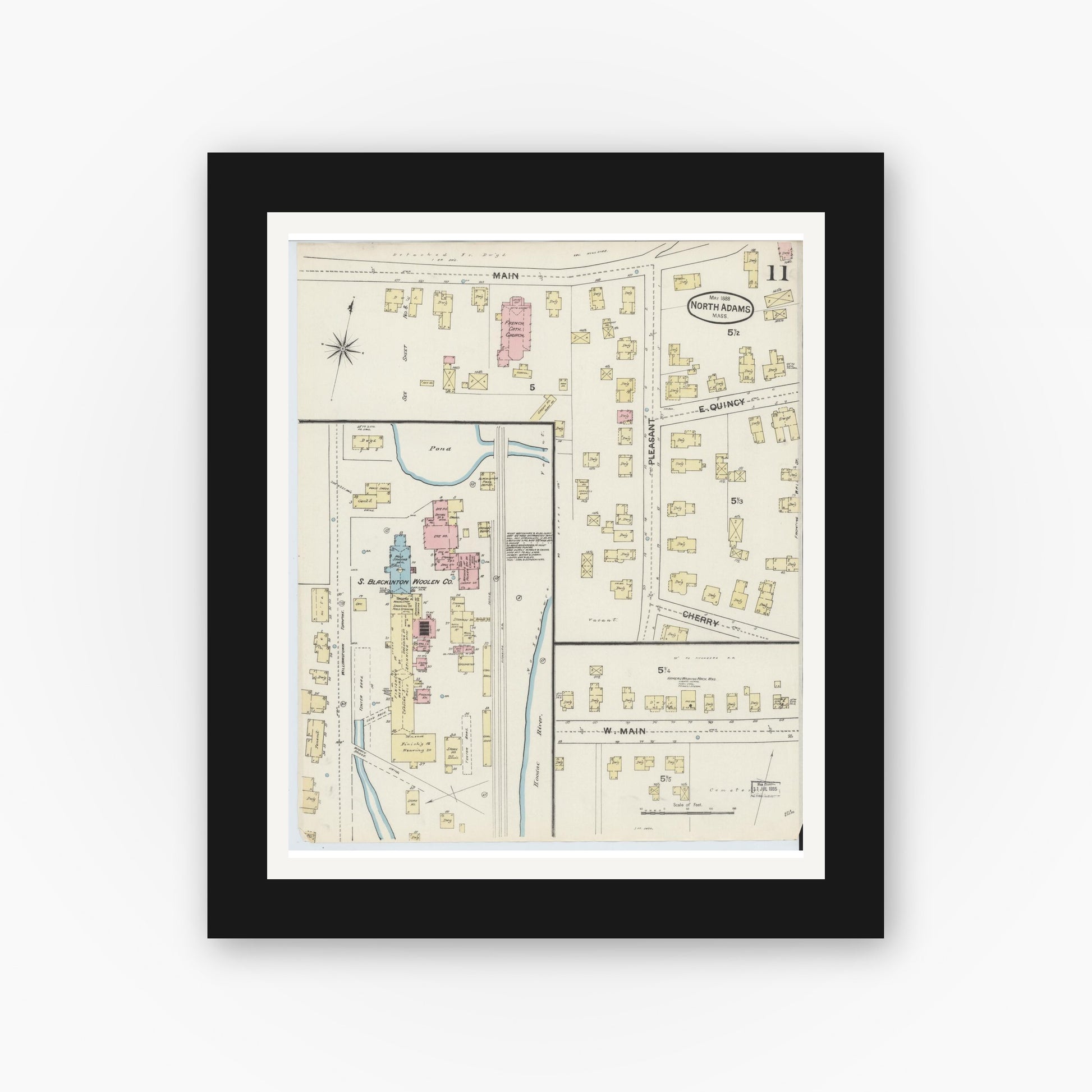 Old map wall art mockup — black gallery frame with white mat — Sanborn Fire Insurance Map from North Adams, Berkshire County, Massachusetts (1888), Sheet #0011