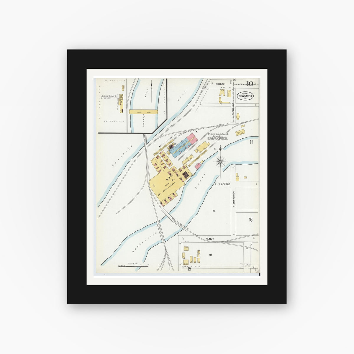 Old map wall art mockup — black gallery frame with white mat — Sanborn Fire Insurance Map from New Castle, Lawrence County, Pennsylvania (1899), Sheet #0010