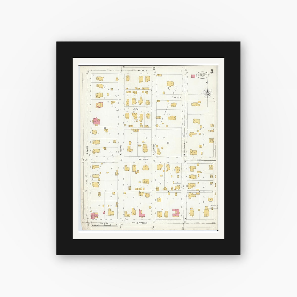 Old map wall art mockup — black gallery frame with white mat — Sanborn Fire Insurance Map from Liberty, Clay County, Missouri (1906), Sheet #0003