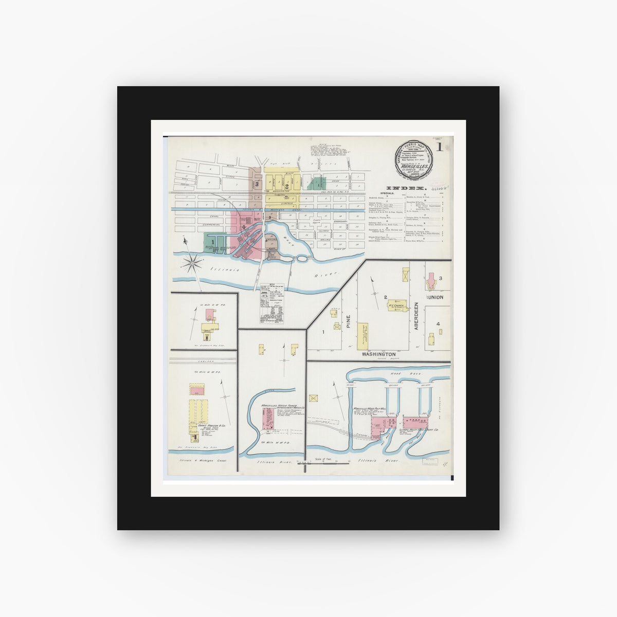 Old map wall art mockup — black gallery frame with white mat — Sanborn Fire Insurance Map from Marseilles, La Salle County, Illinois (1892) - Complete Map Set