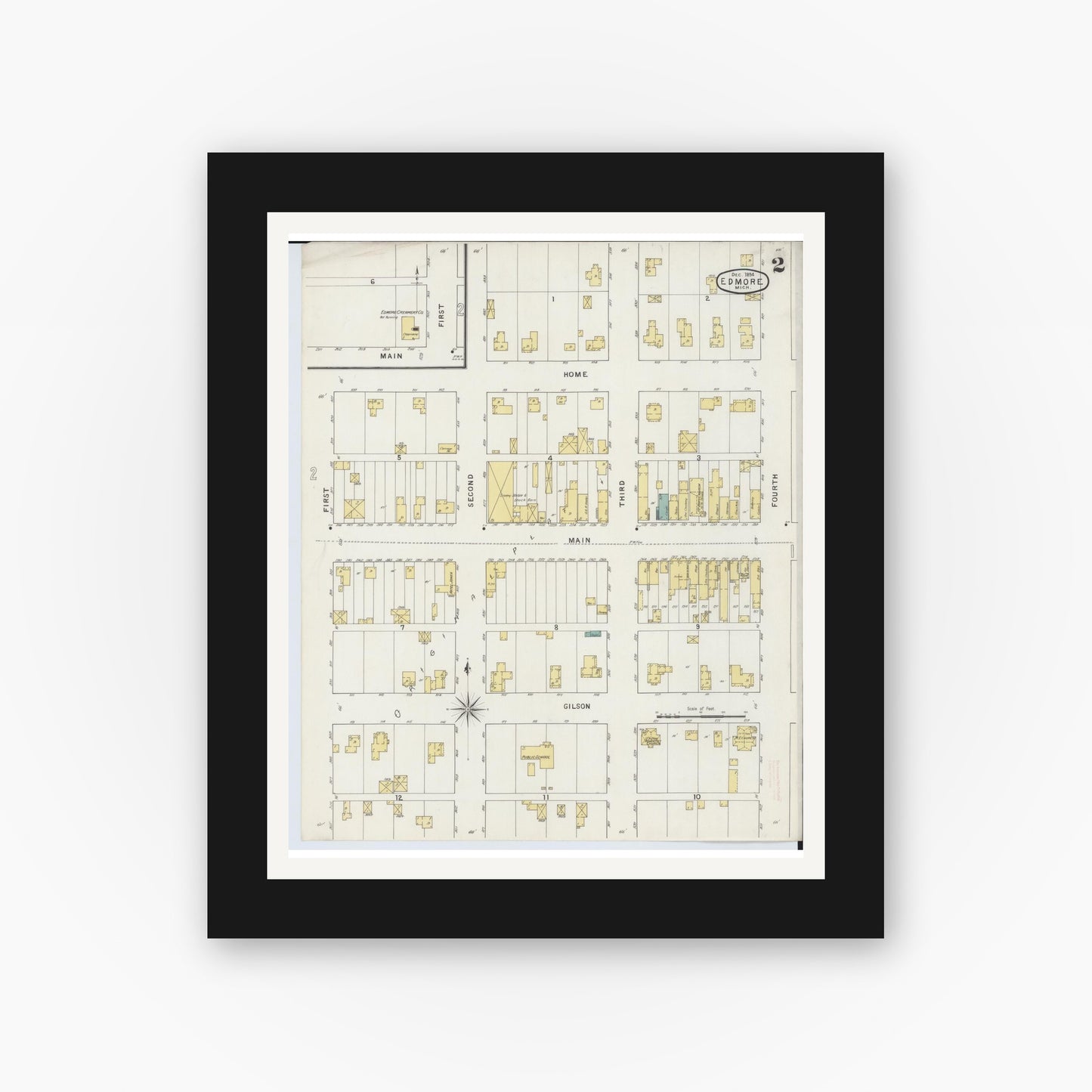 Old map wall art mockup — black gallery frame with white mat — Sanborn Fire Insurance Map from Edmore, Montcalm County, Michigan (1894), Sheet #0002