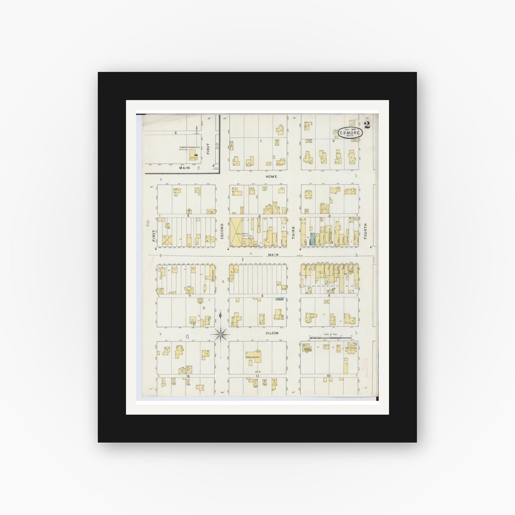 Old map wall art mockup — black gallery frame with white mat — Sanborn Fire Insurance Map from Edmore, Montcalm County, Michigan (1894), Sheet #0002