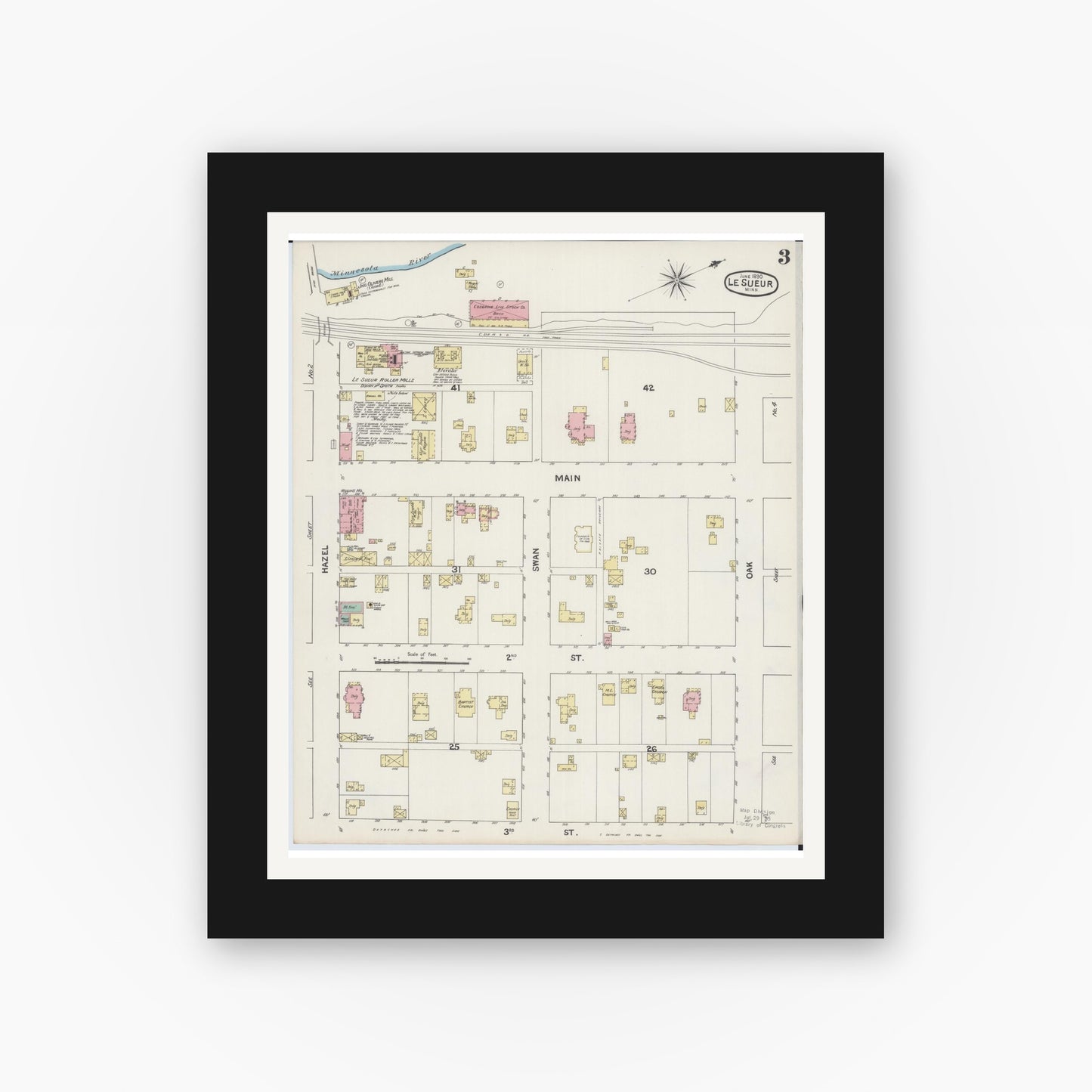 Old map wall art mockup — black gallery frame with white mat — Sanborn Fire Insurance Map from Le Sueur, Le Sueur County, Minnesota (1890), Sheet #0003