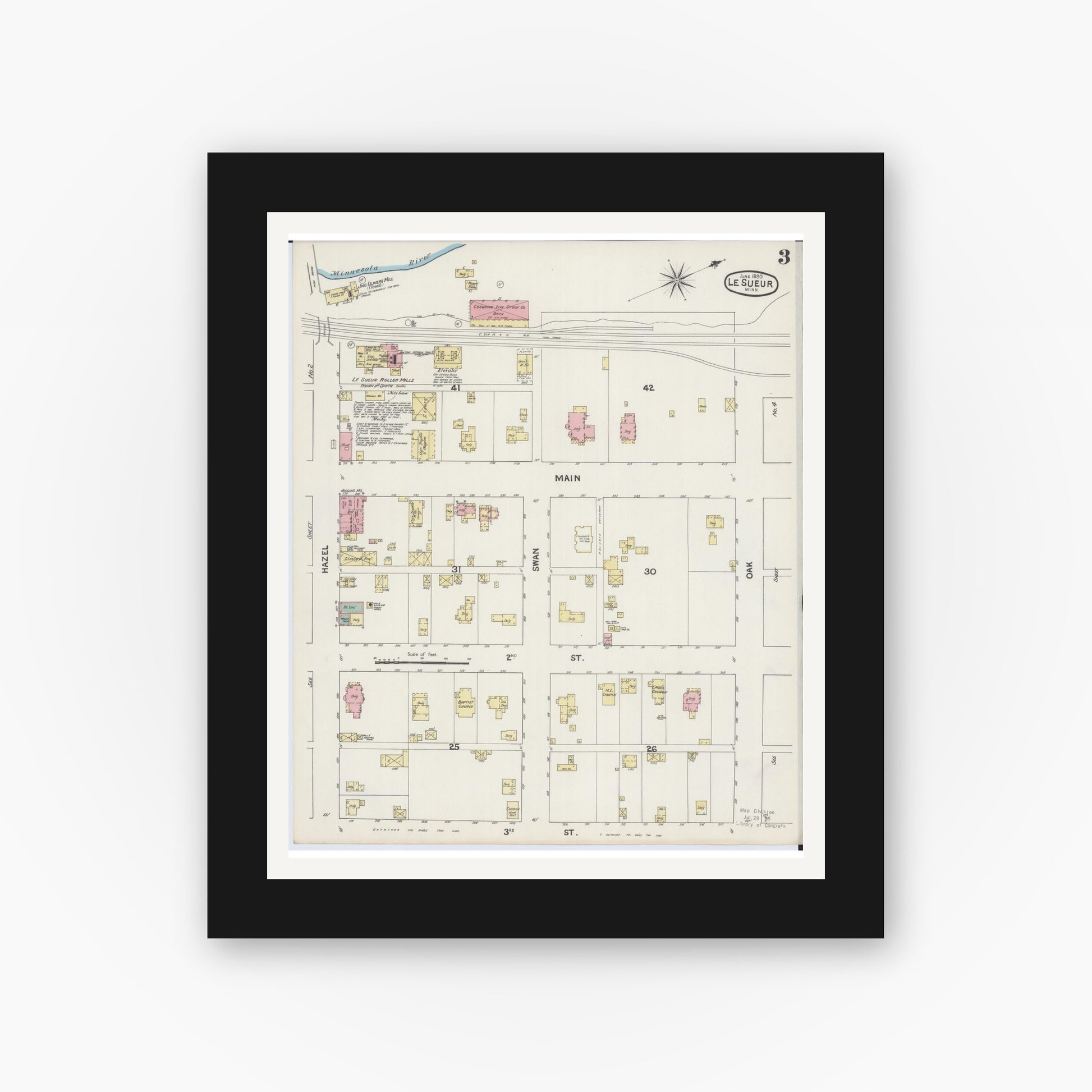 Old map wall art mockup — black gallery frame with white mat — Sanborn Fire Insurance Map from Le Sueur, Le Sueur County, Minnesota (1890), Sheet #0003