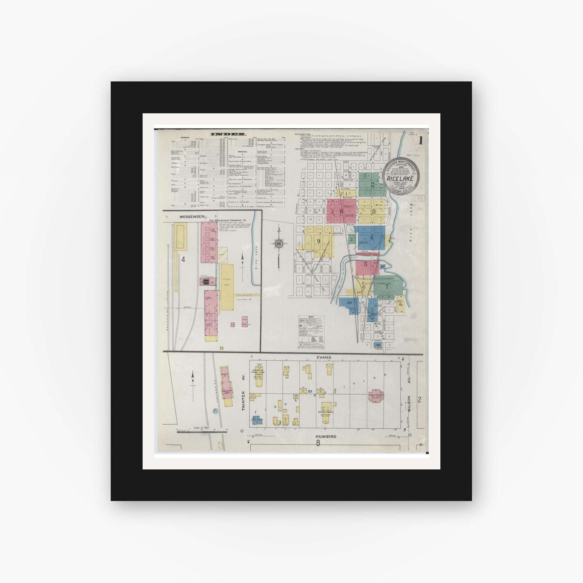 Old map wall art mockup — black gallery frame with white mat — Sanborn Fire Insurance Map from Rice Lake, Barron County, Wisconsin (1909) - Complete Map Set