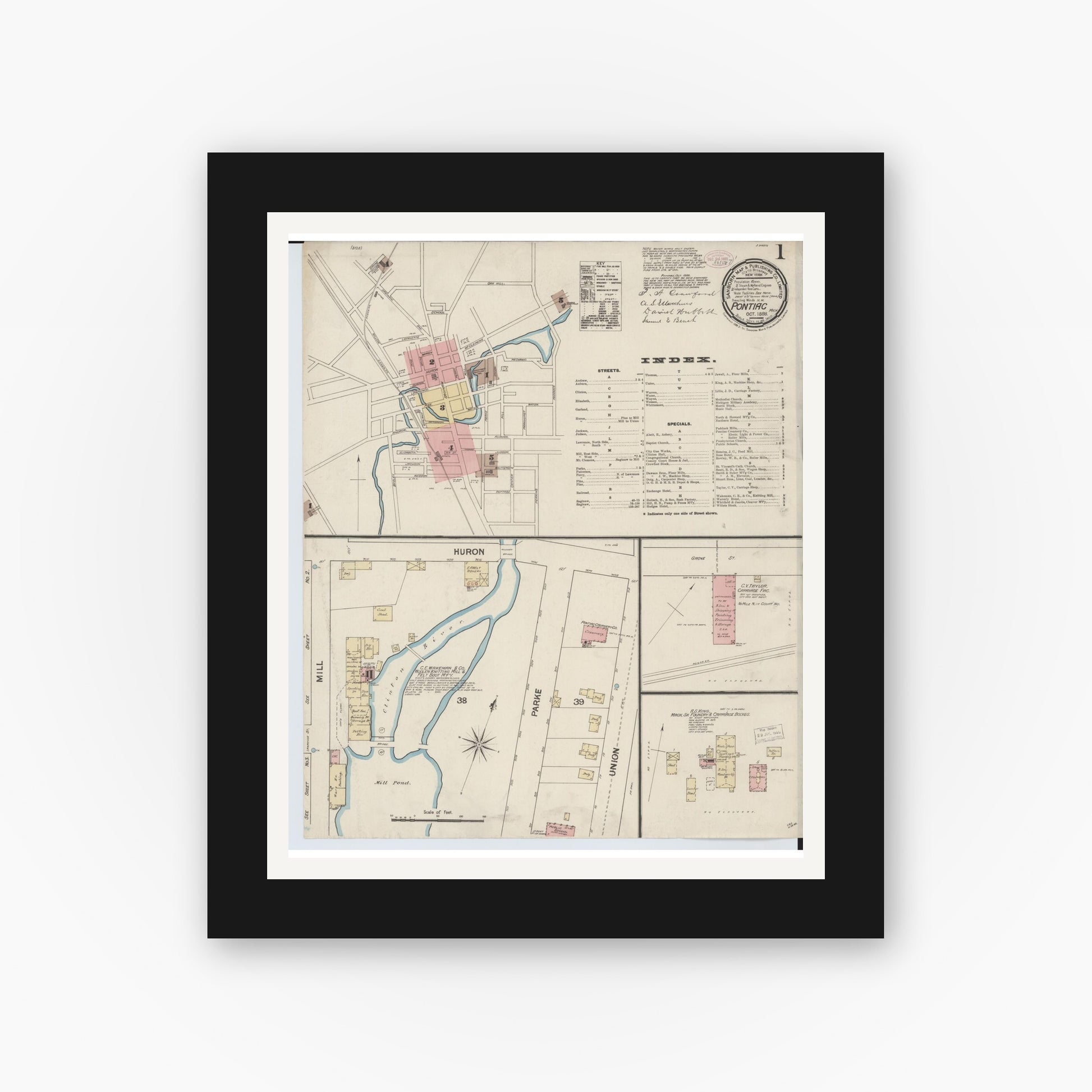 Old map wall art mockup — black gallery frame with white mat — Sanborn Fire Insurance Map from Pontiac, Oakland County, Michigan (1888), Sheet #0001