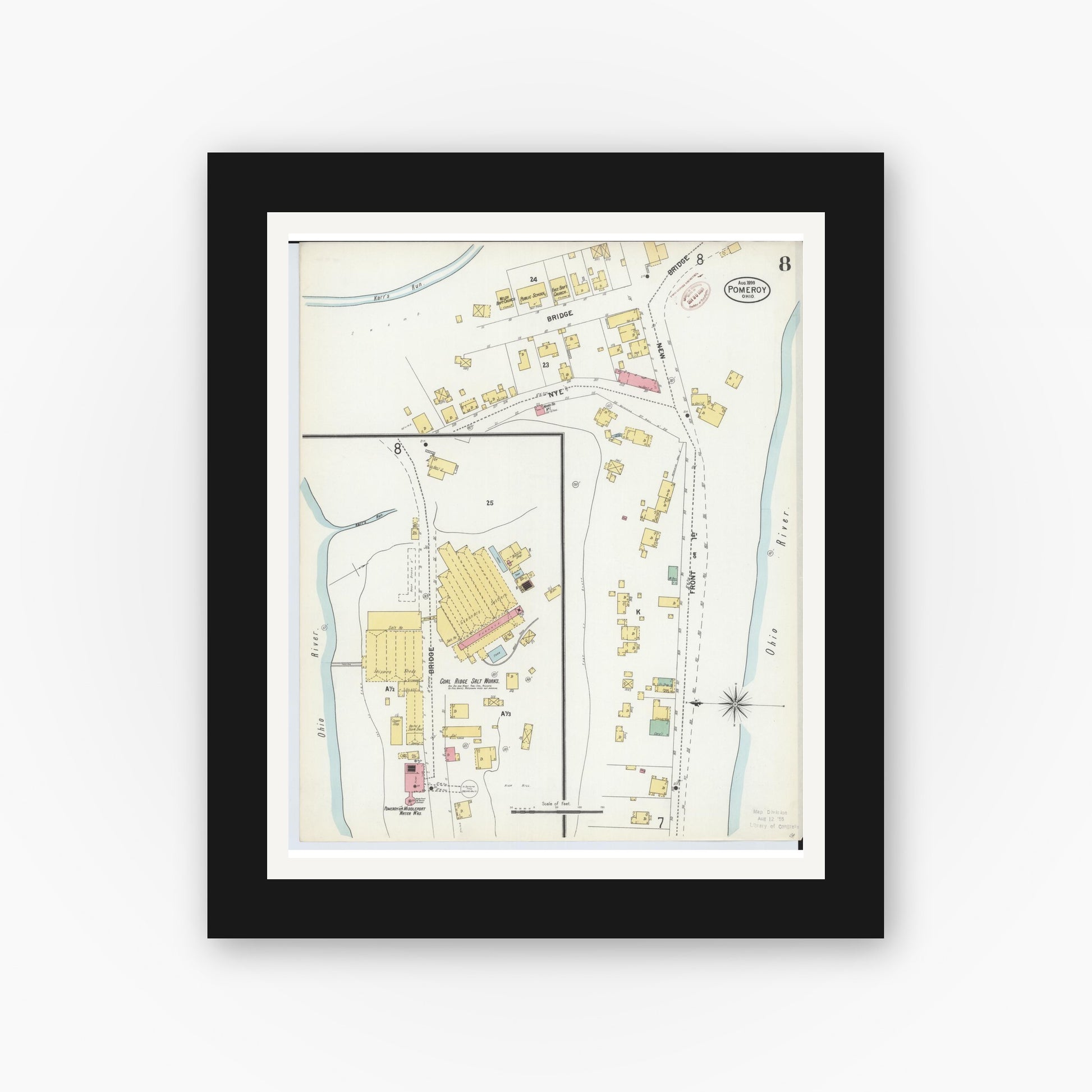 Old map wall art mockup — black gallery frame with white mat — Sanborn Fire Insurance Map from Pomeroy, Meigs County, Ohio (1899), Sheet #0008