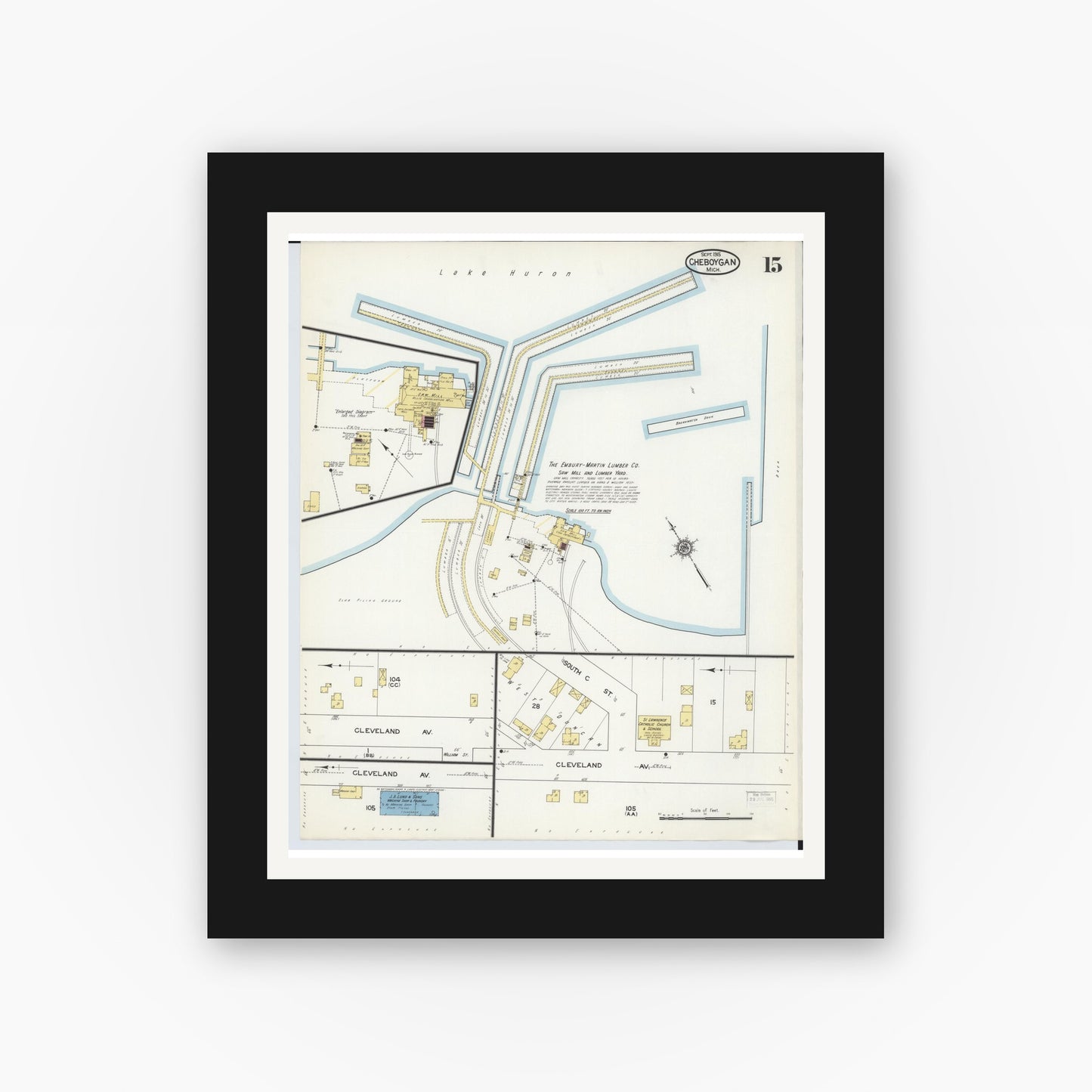 Old map wall art mockup — black gallery frame with white mat — Sanborn Fire Insurance Map from Cheboygan, Cheboygan County, Michigan (1915), Sheet #0015