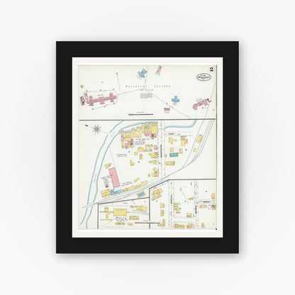 Old map wall art mockup — black gallery frame with white mat — Sanborn Fire Insurance Map from Wellesley, Norfolk County, Massachusetts (1901), Sheet #0002