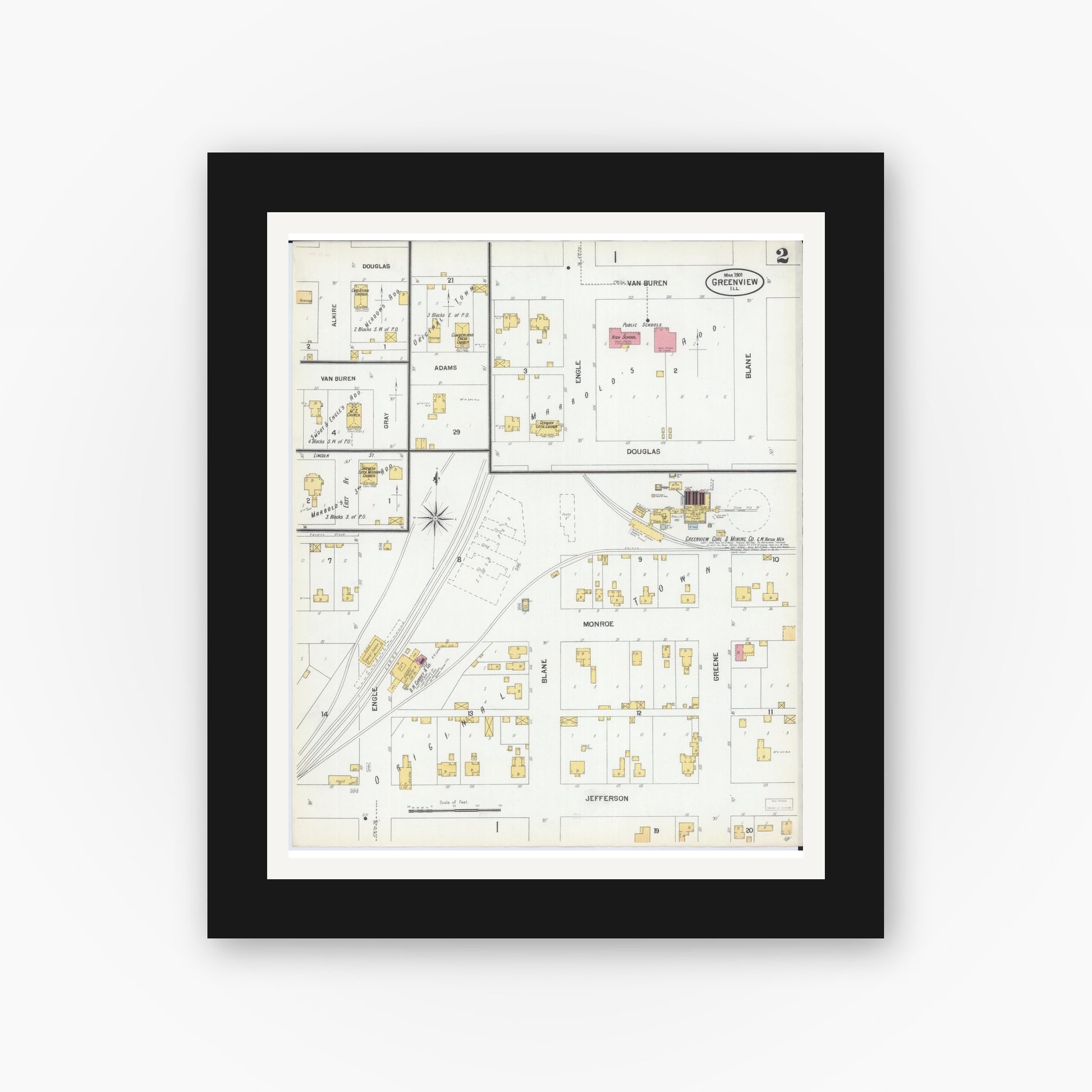 Old map wall art mockup — black gallery frame with white mat — Sanborn Fire Insurance Map from Greenview, Menard County, Illinois (1901), Sheet #0002