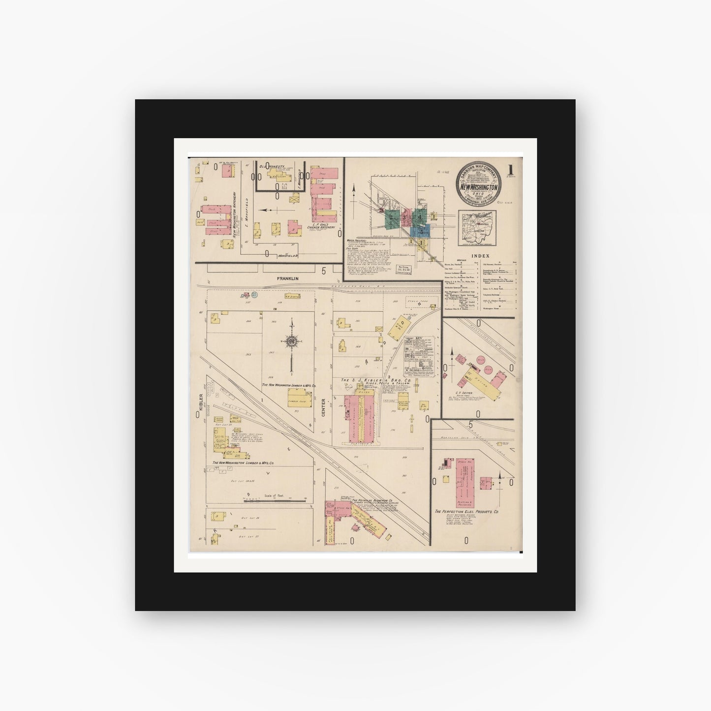 Old map wall art mockup — black gallery frame with white mat — Sanborn Fire Insurance Map from New Washington, Crawford County, Ohio (1922), Sheet #0001