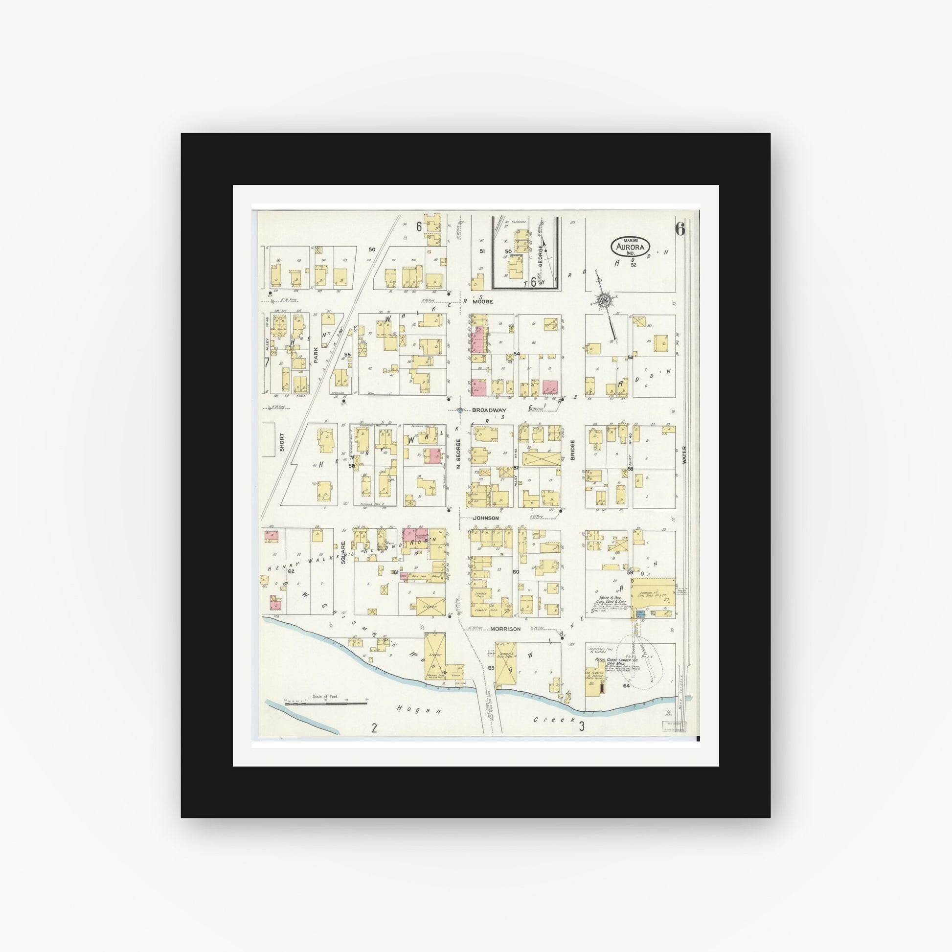 Old map wall art mockup — black gallery frame with white mat — Sanborn Fire Insurance Map from Aurora, Dearborn County, Indiana (1911), Sheet #0006