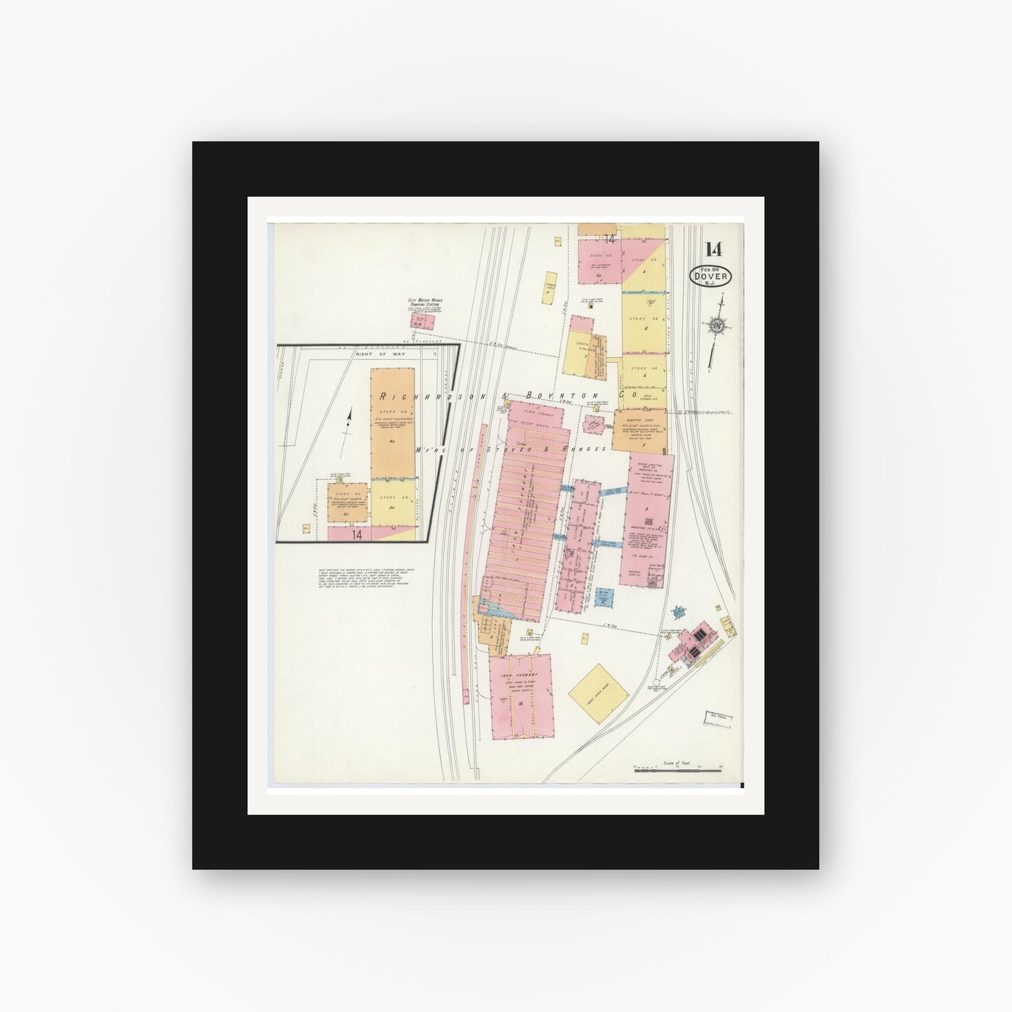 Old map wall art mockup — black gallery frame with white mat — Sanborn Fire Insurance Map from Dover, Morris County, New Jersey (1916), Sheet #0014