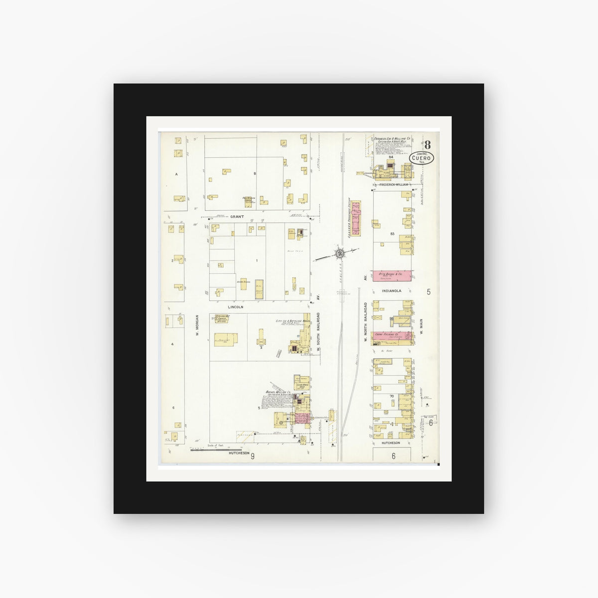 Old map wall art mockup — black gallery frame with white mat — Sanborn Fire Insurance Map from Cuero, De Witt County, Texas (1912), Sheet #0008