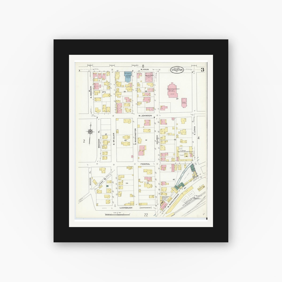 Old map wall art mockup — black gallery frame with white mat — Sanborn Fire Insurance Map from Staunton, Independent Cities, Virginia (1909), Sheet #0003