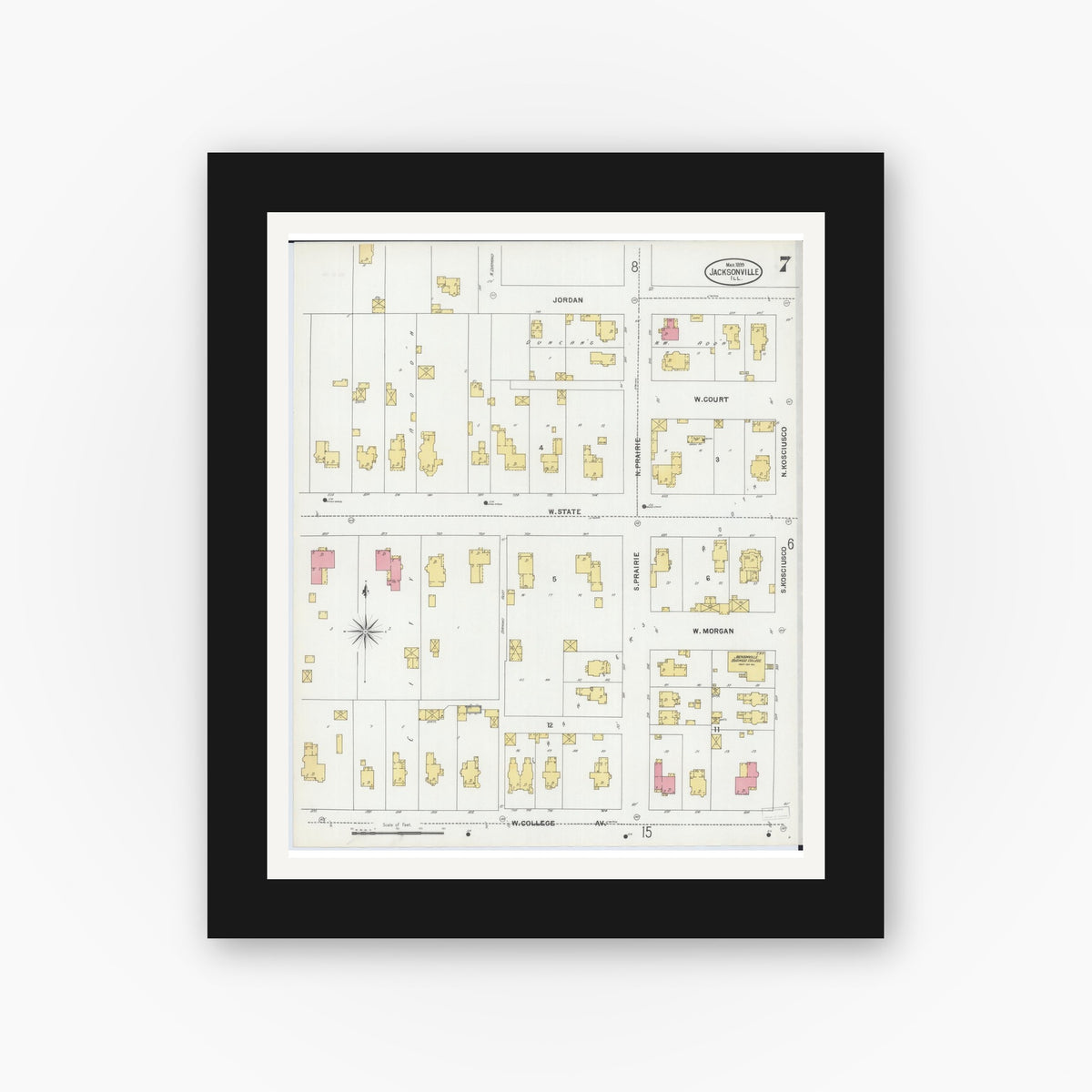Old map wall art mockup — black gallery frame with white mat — Sanborn Fire Insurance Map from Jacksonville, Morgan County, Illinois (1899), Sheet #0007