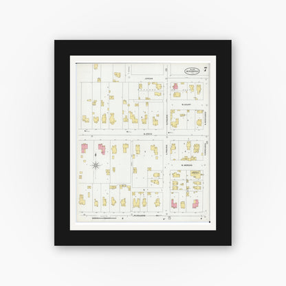 Old map wall art mockup — black gallery frame with white mat — Sanborn Fire Insurance Map from Jacksonville, Morgan County, Illinois (1899), Sheet #0007