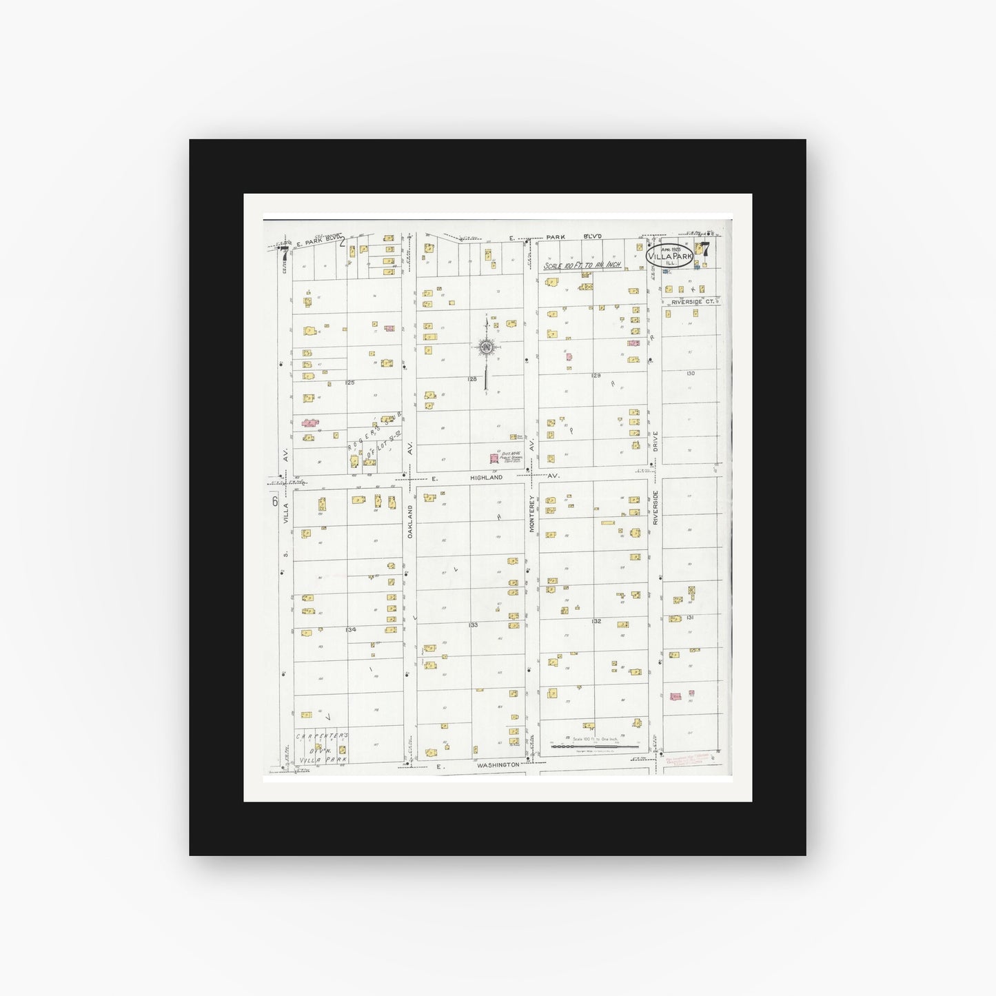 Old map wall art mockup — black gallery frame with white mat — Sanborn Fire Insurance Map from Villa Park, Du Page County, Illinois (1925), Sheet #0007