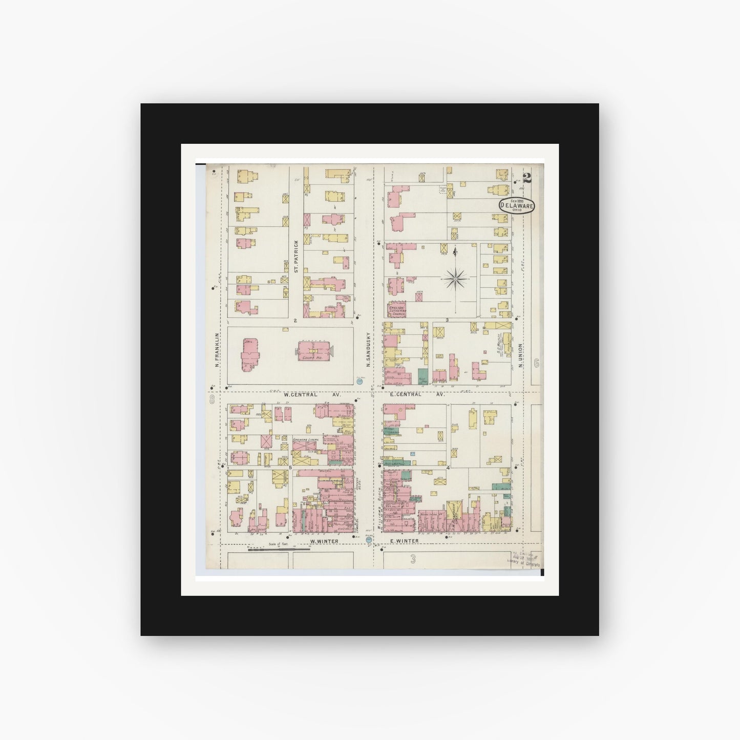Old map wall art mockup — black gallery frame with white mat — Sanborn Fire Insurance Map from Delaware, Delaware County, Ohio (1895), Sheet #0002