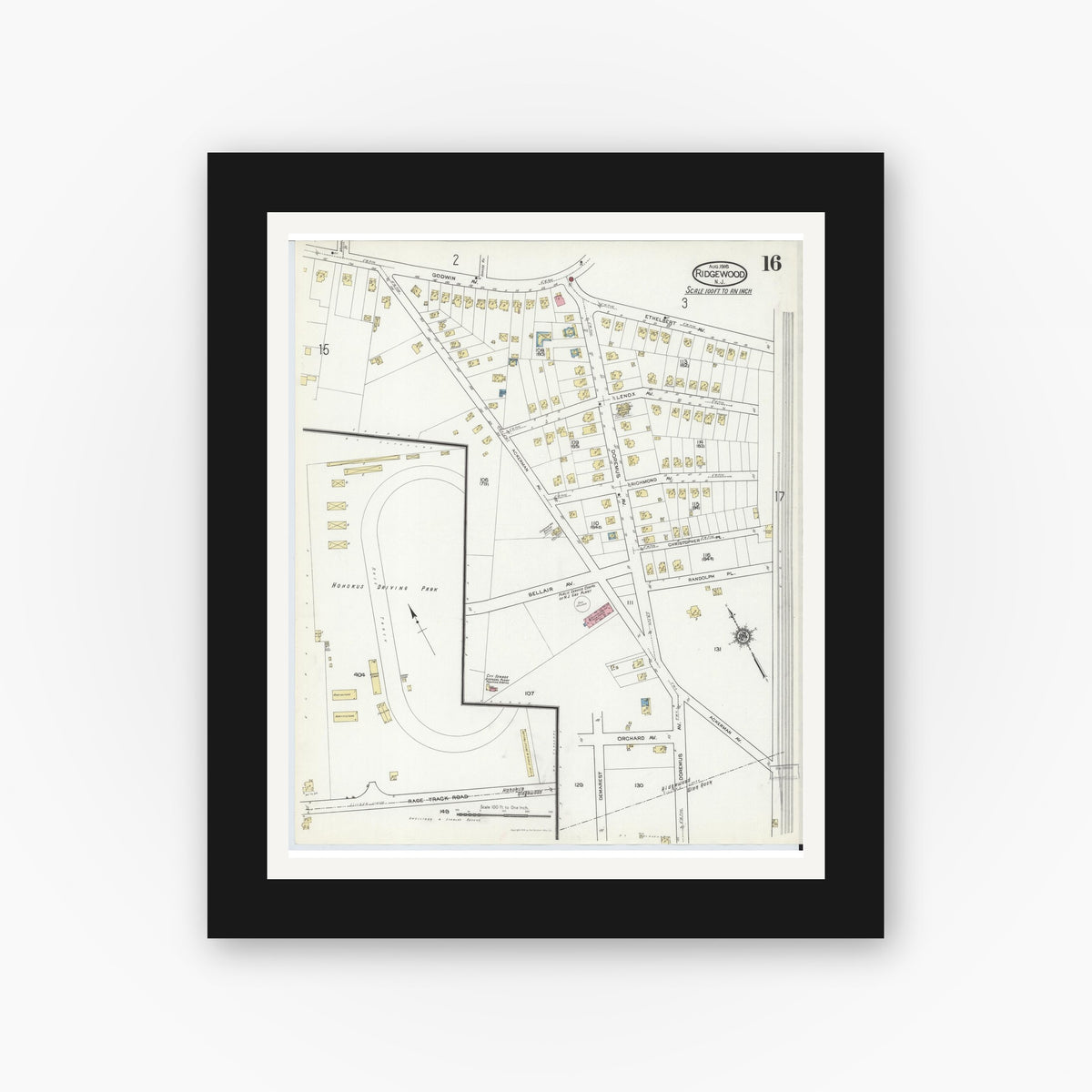 Old map wall art mockup — black gallery frame with white mat — Sanborn Fire Insurance Map from Ridgewood, Bergen County, New Jersey (1916), Sheet #0016