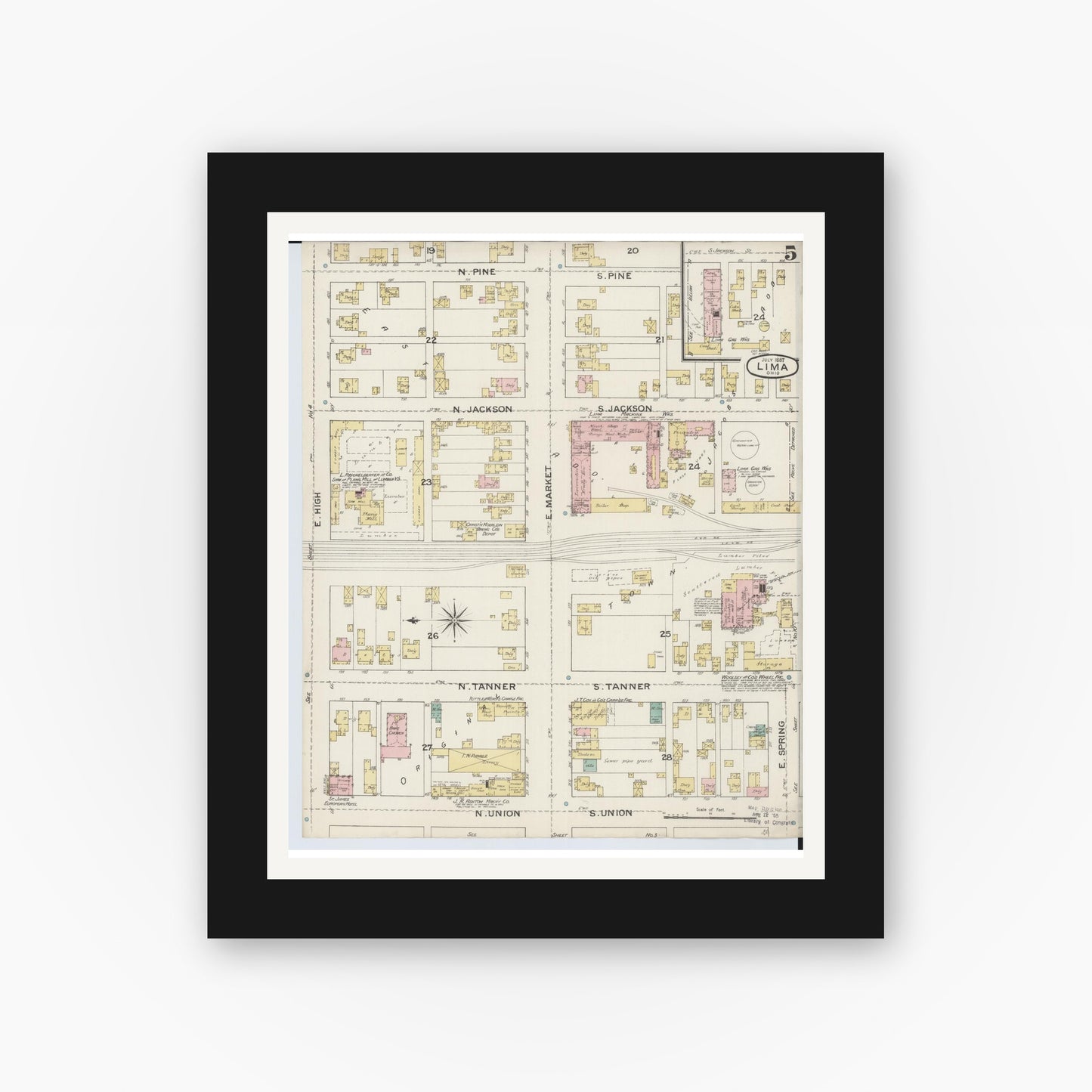Old map wall art mockup — black gallery frame with white mat — Sanborn Fire Insurance Map from Lima, Allen County, Ohio (1887), Sheet #0005