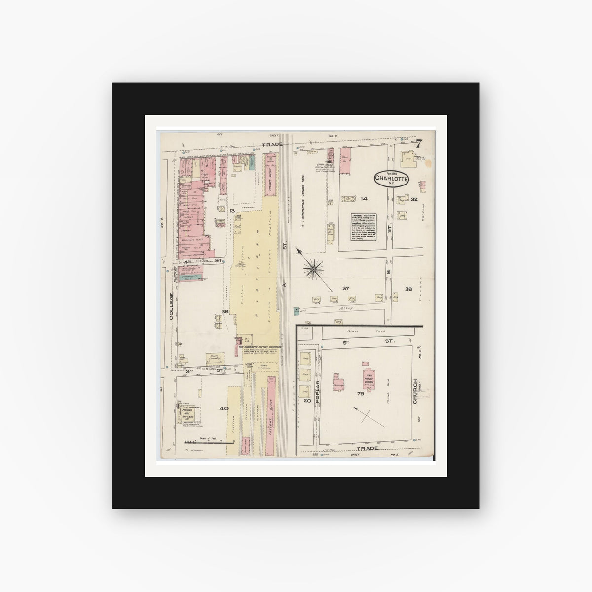Old map wall art mockup — black gallery frame with white mat — Sanborn Fire Insurance Map from Charlotte, Mecklenburg County, North Carolina (1885), Sheet #0007
