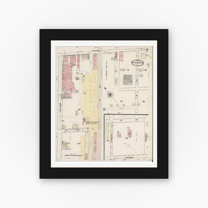 Old map wall art mockup — black gallery frame with white mat — Sanborn Fire Insurance Map from Charlotte, Mecklenburg County, North Carolina (1885), Sheet #0007
