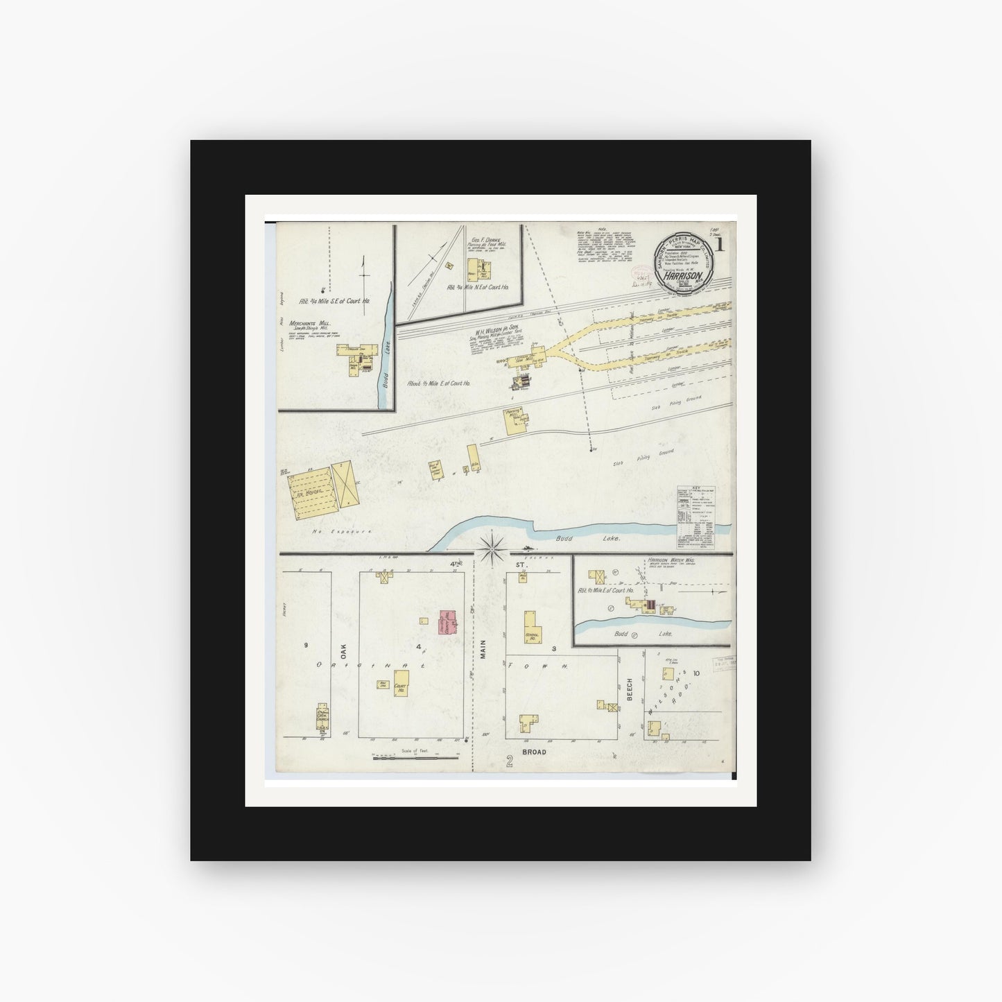 Old map wall art mockup — black gallery frame with white mat — Sanborn Fire Insurance Map from Harrison, Clare County, Michigan (1895) - Complete Map Set