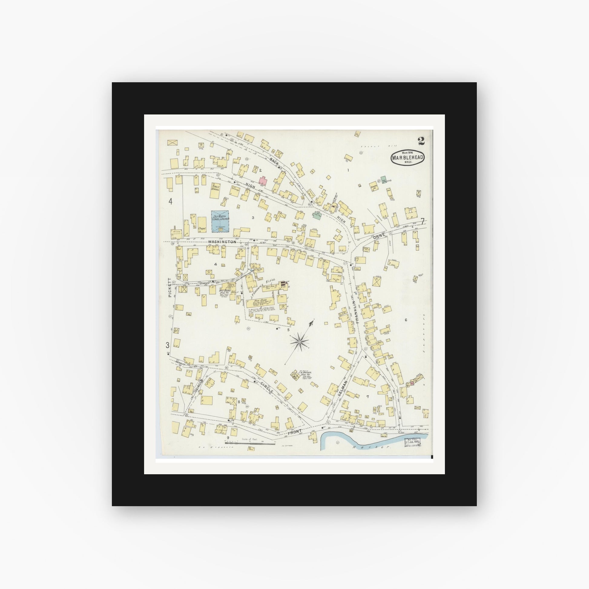 Old map wall art mockup — black gallery frame with white mat — Sanborn Fire Insurance Map from Marblehead, Essex County, Massachusetts (1896), Sheet #0002
