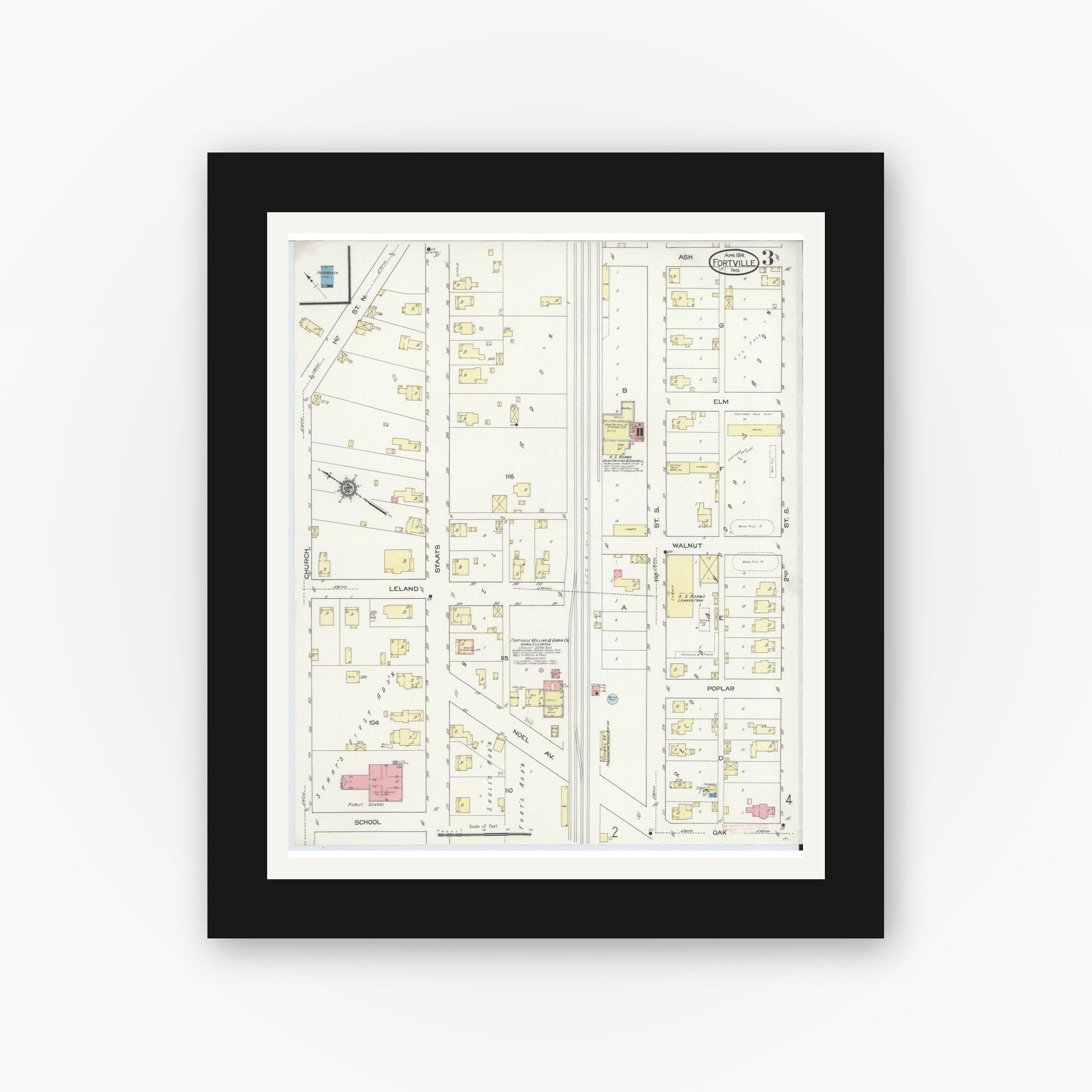 Old map wall art mockup — black gallery frame with white mat — Sanborn Fire Insurance Map from Fortville, Hancock County, Indiana (1914), Sheet #0003