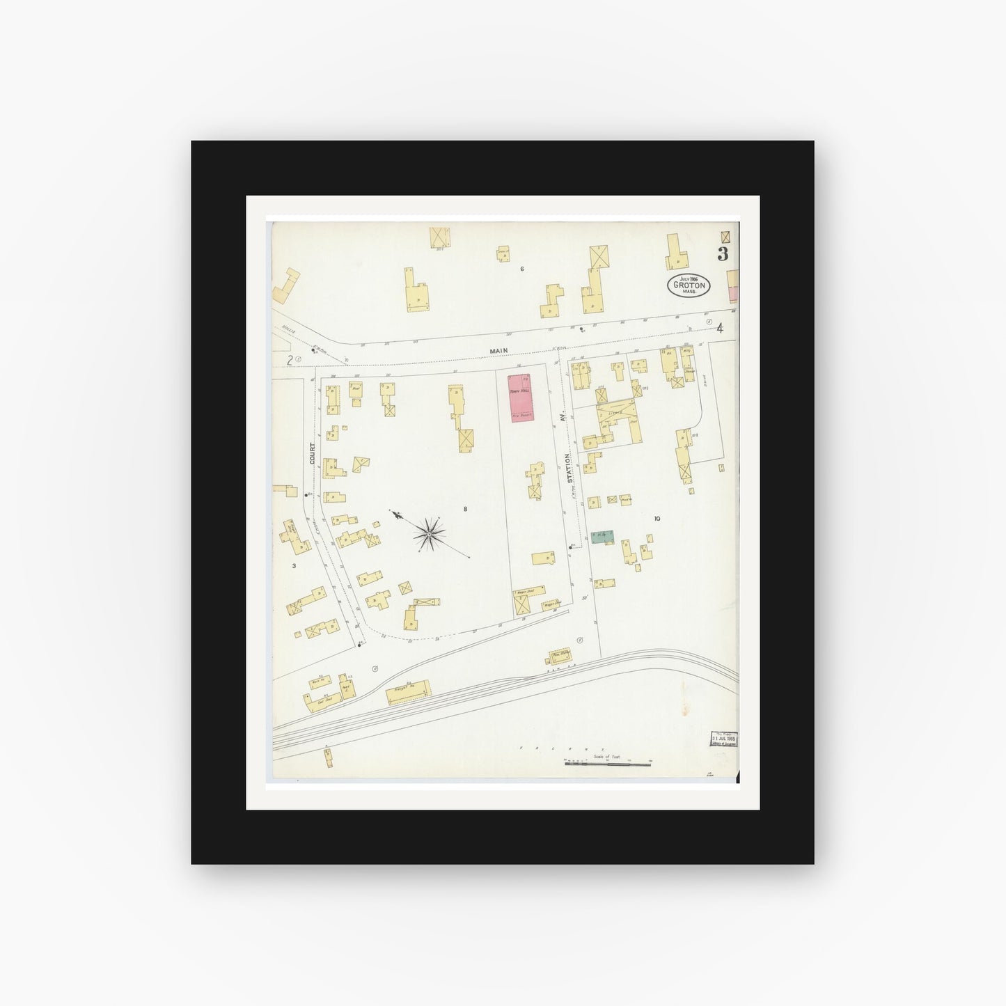 Old map wall art mockup — black gallery frame with white mat — Sanborn Fire Insurance Map from Groton, Middlesex County, Massachusetts (1906), Sheet #0003