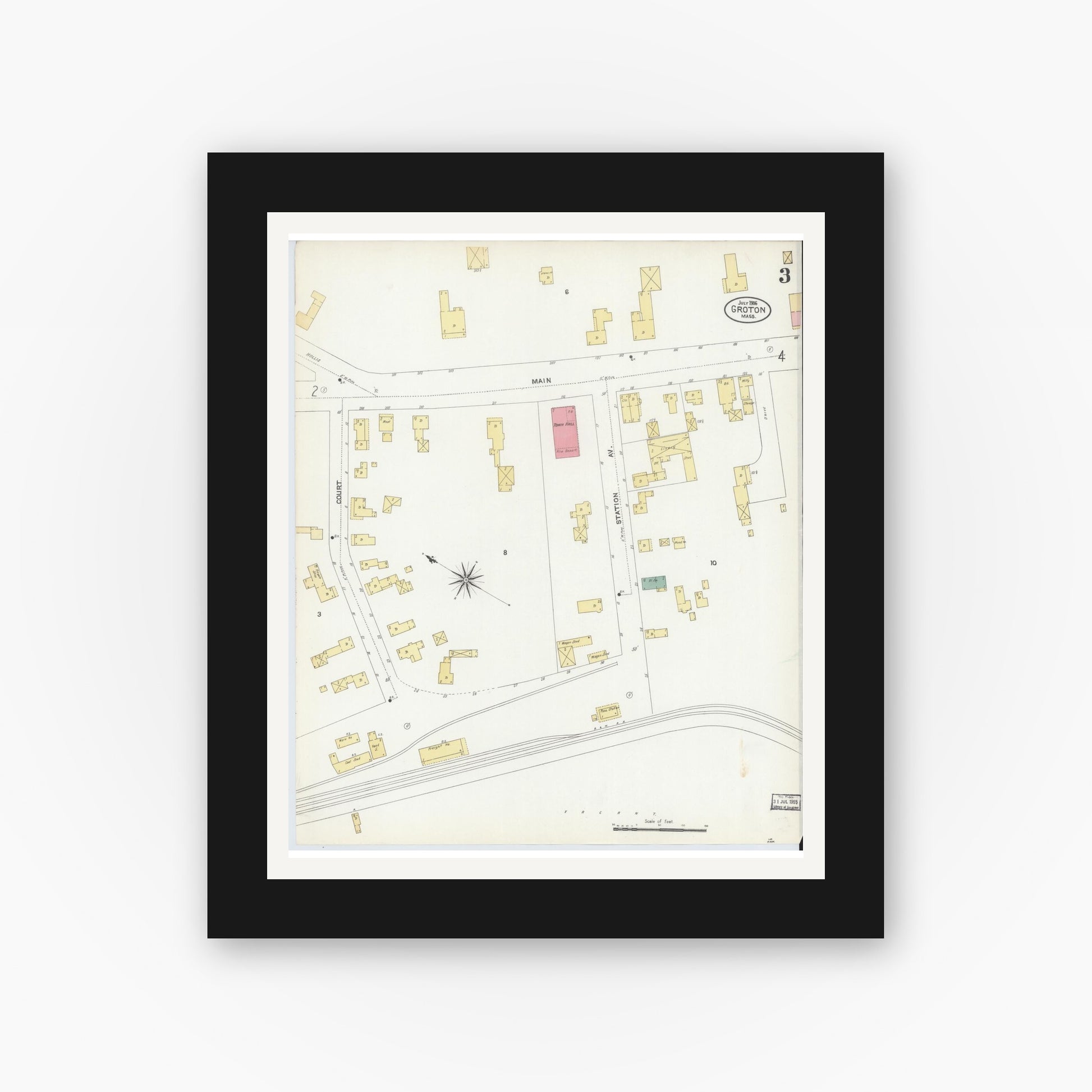 Old map wall art mockup — black gallery frame with white mat — Sanborn Fire Insurance Map from Groton, Middlesex County, Massachusetts (1906), Sheet #0003