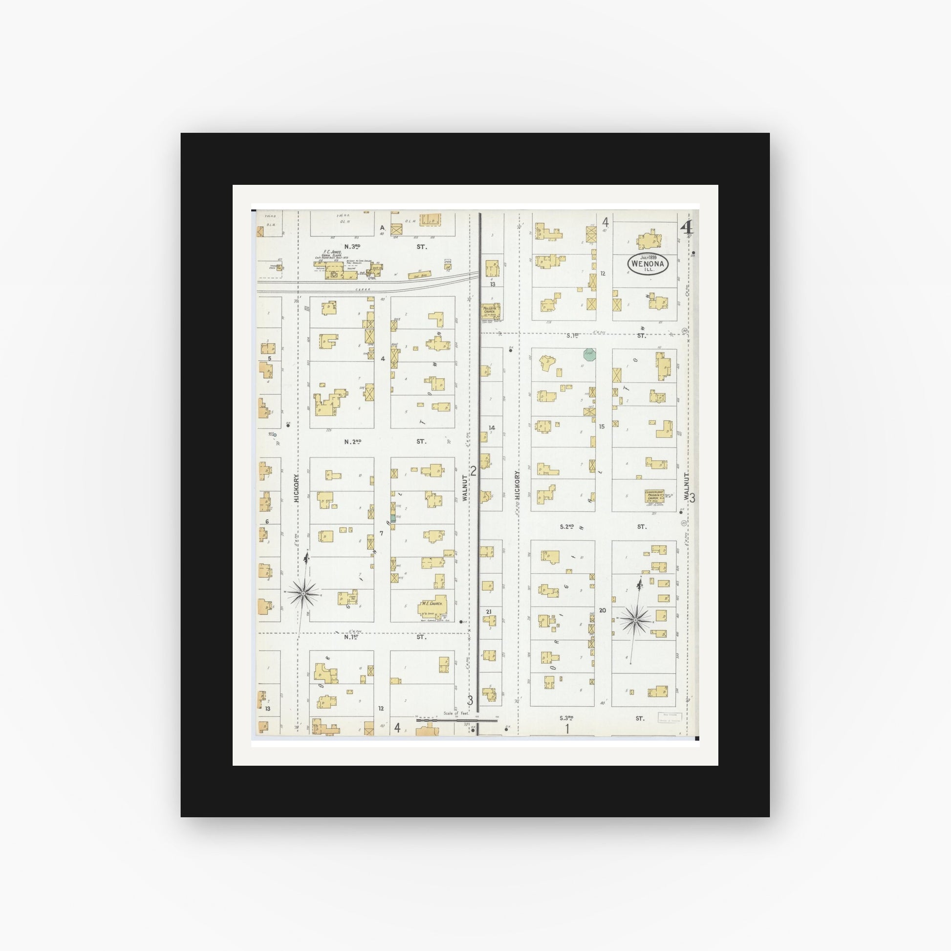 Old map wall art mockup — black gallery frame with white mat — Sanborn Fire Insurance Map from Wenona, Marshall County, Illinois (1899), Sheet #0004