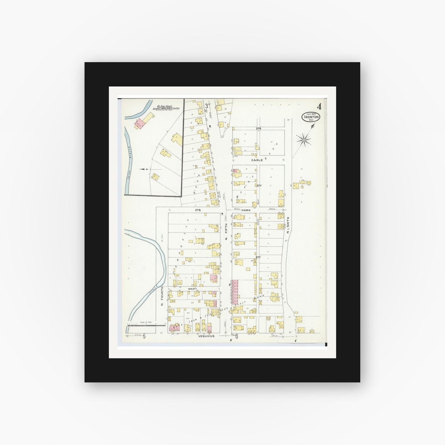 Old map wall art mockup — black gallery frame with white mat — Sanborn Fire Insurance Map from Ironton, Lawrence County, Ohio (1909), Sheet #0004