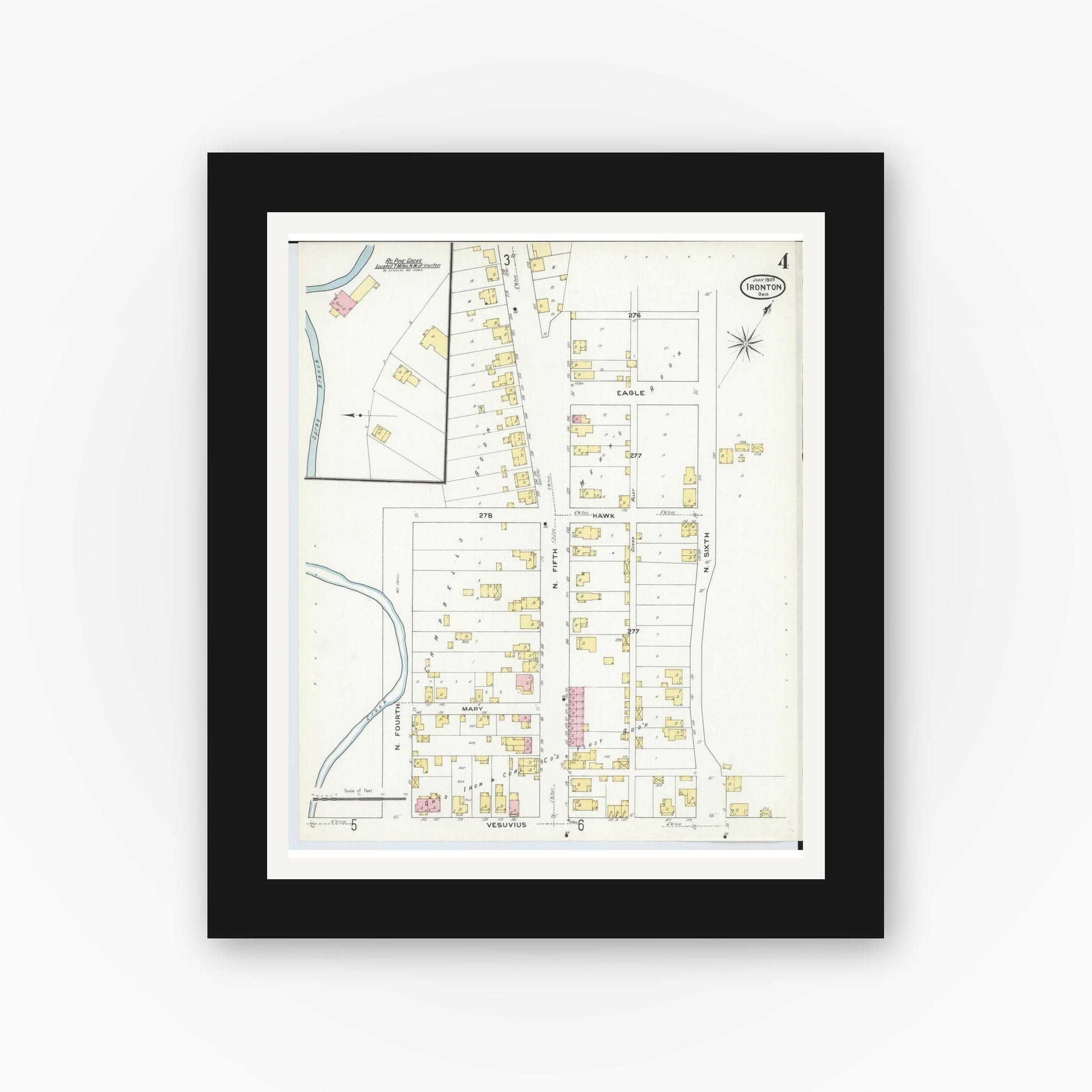 Old map wall art mockup — black gallery frame with white mat — Sanborn Fire Insurance Map from Ironton, Lawrence County, Ohio (1909), Sheet #0004
