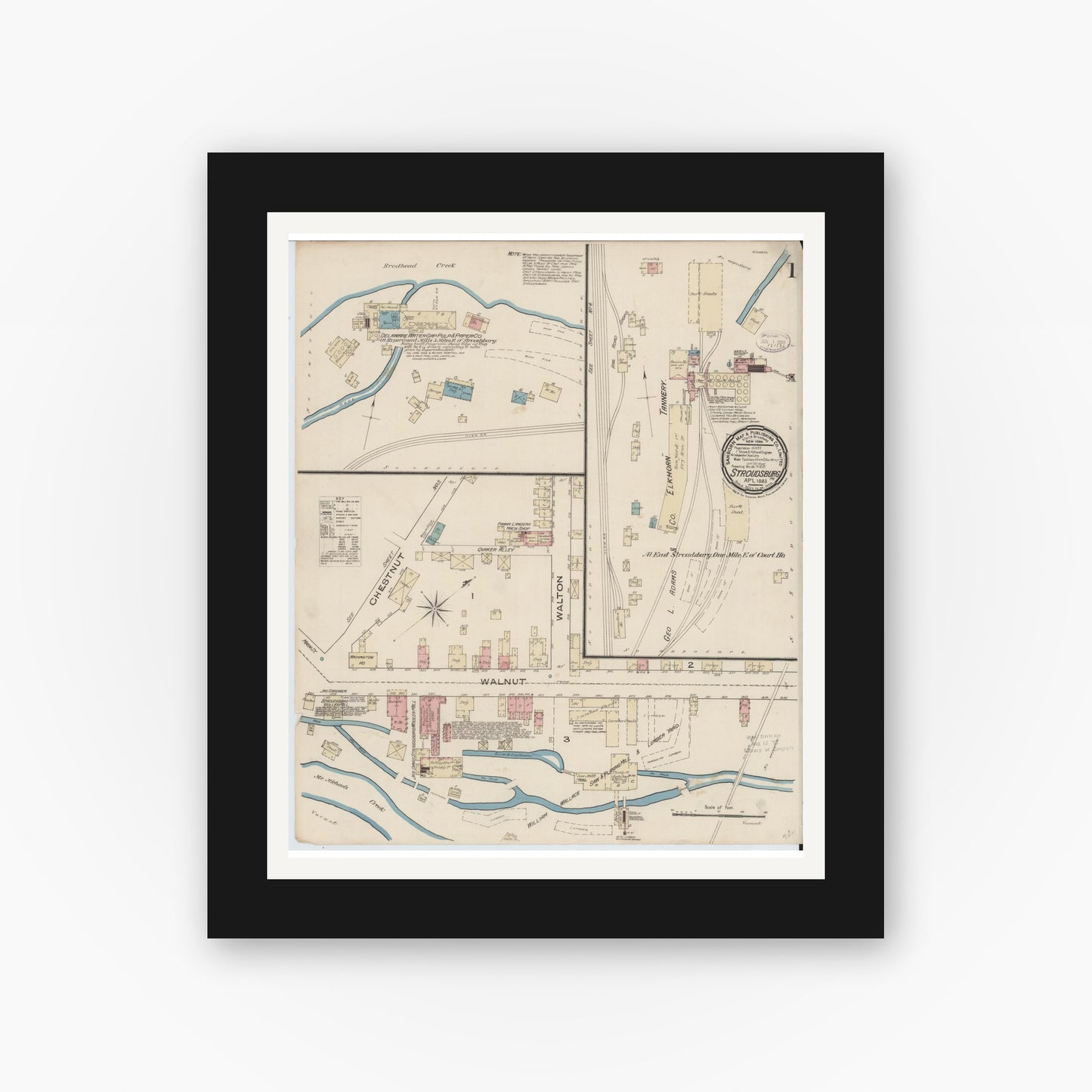 Old map wall art mockup — black gallery frame with white mat — Sanborn Fire Insurance Map from Stroudsburg, Monroe County, Pennsylvania (1885), Sheet #0001