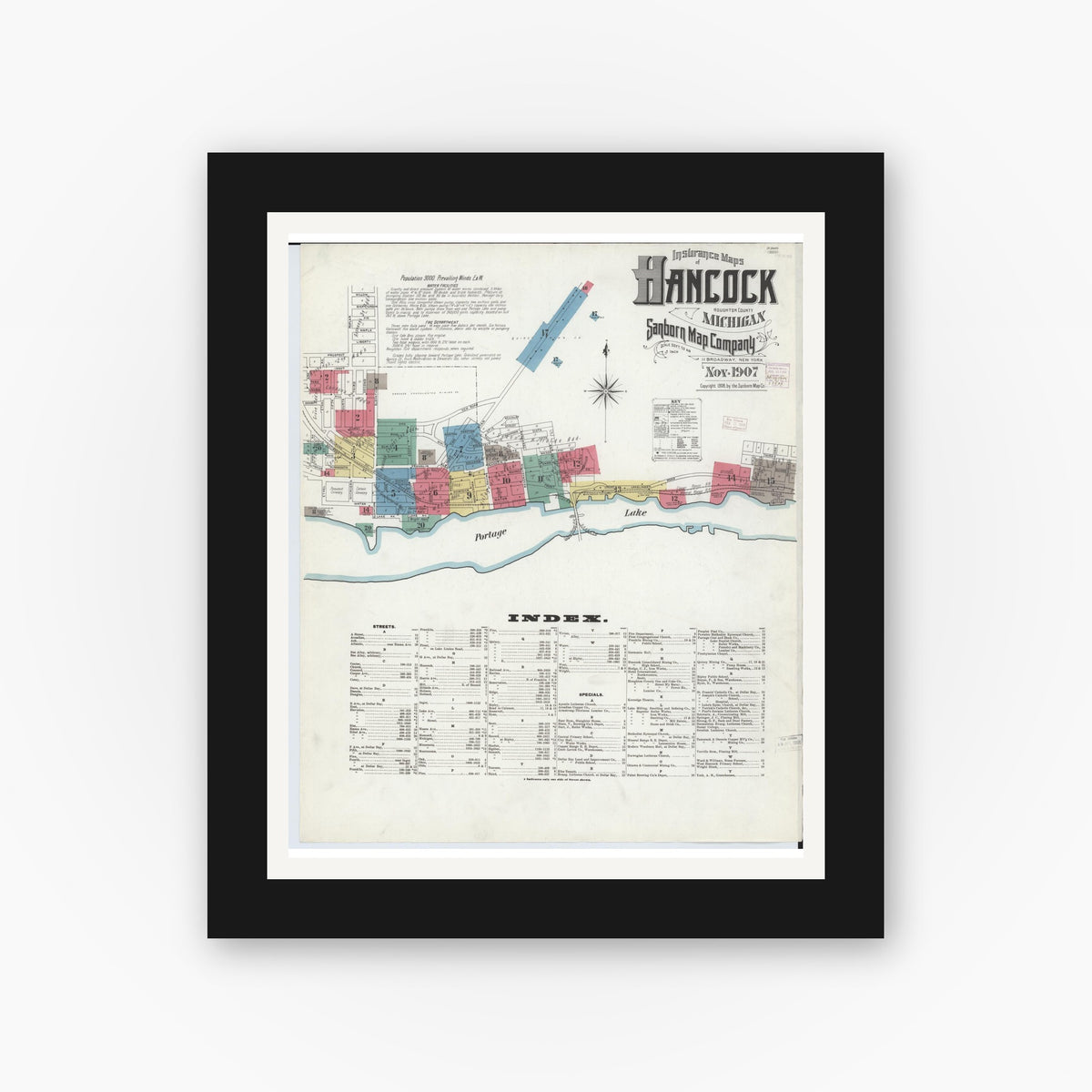 Old map wall art mockup — black gallery frame with white mat — Sanborn Fire Insurance Map from Hancock, Houghton County, Michigan (1907) - Complete Map Set