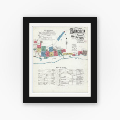 Old map wall art mockup — black gallery frame with white mat — Sanborn Fire Insurance Map from Hancock, Houghton County, Michigan (1907) - Complete Map Set