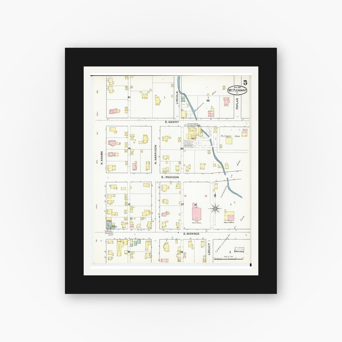 Old map wall art mockup — black gallery frame with white mat — Sanborn Fire Insurance Map from Mount Pleasant, Henry County, Iowa (1892), Sheet #0005