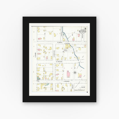 Old map wall art mockup — black gallery frame with white mat — Sanborn Fire Insurance Map from Mount Pleasant, Henry County, Iowa (1892), Sheet #0005