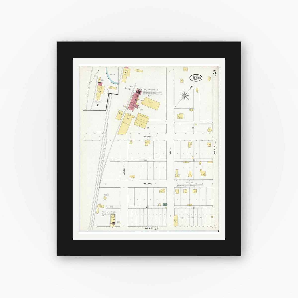 Old map wall art mockup — black gallery frame with white mat — Sanborn Fire Insurance Map from Rosebud, Falls County, Texas (1909), Sheet #0005