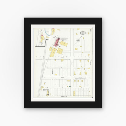 Old map wall art mockup — black gallery frame with white mat — Sanborn Fire Insurance Map from Rosebud, Falls County, Texas (1909), Sheet #0005