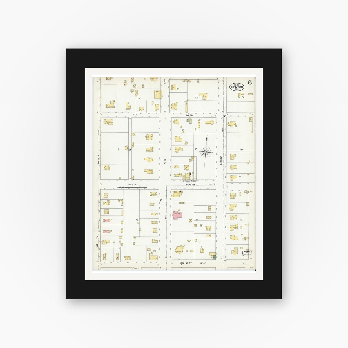 Old map wall art mockup — black gallery frame with white mat — Sanborn Fire Insurance Map from Denton, Denton County, Texas (1901), Sheet #0006