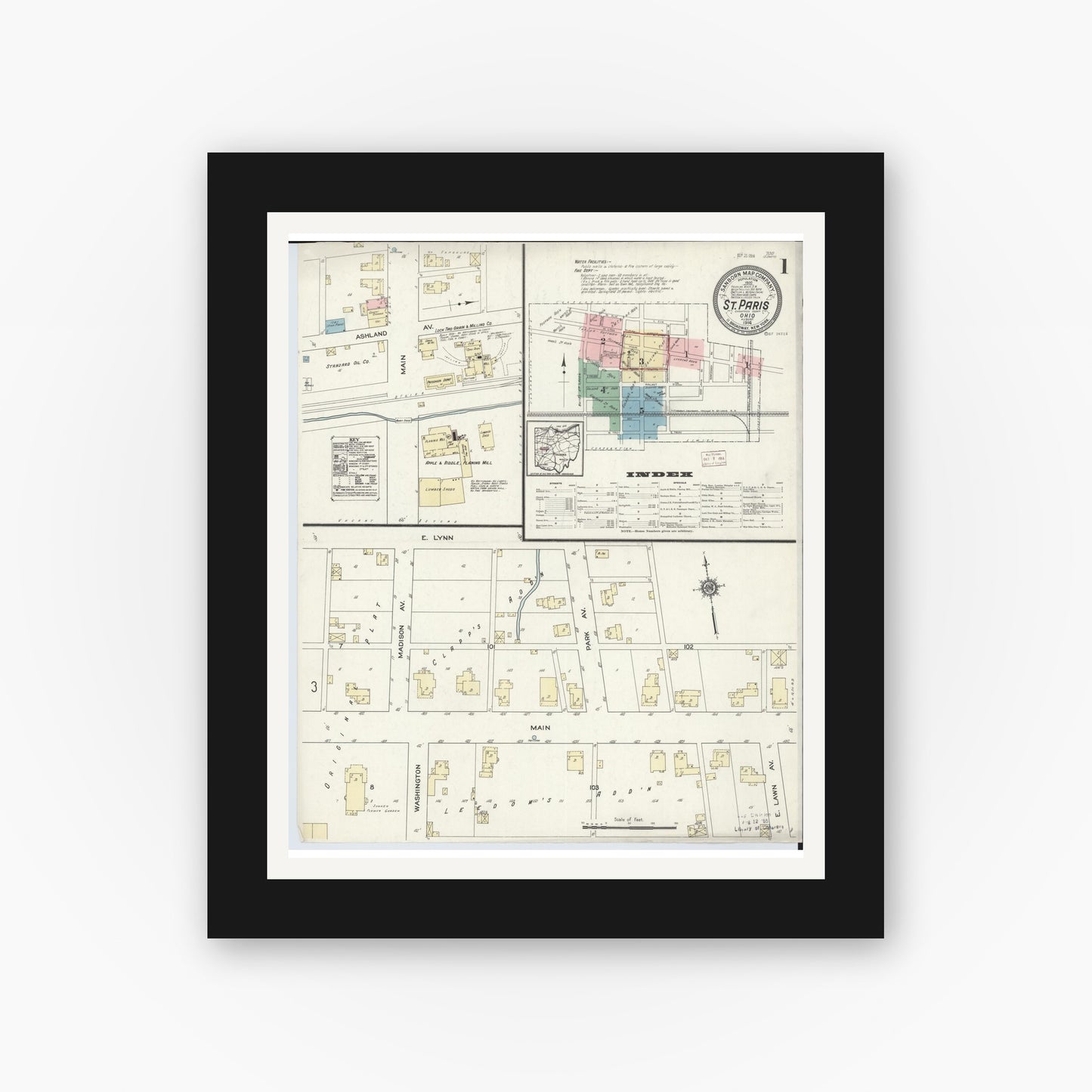 Old map wall art mockup — black gallery frame with white mat — Sanborn Fire Insurance Map from Saint Paris, Champaign County, Ohio (1914) - Complete Map Set