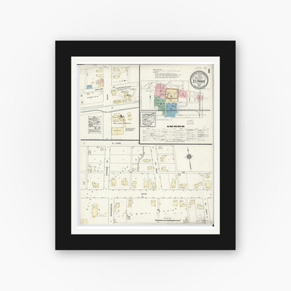 Old map wall art mockup — black gallery frame with white mat — Sanborn Fire Insurance Map from Saint Paris, Champaign County, Ohio (1914) - Complete Map Set