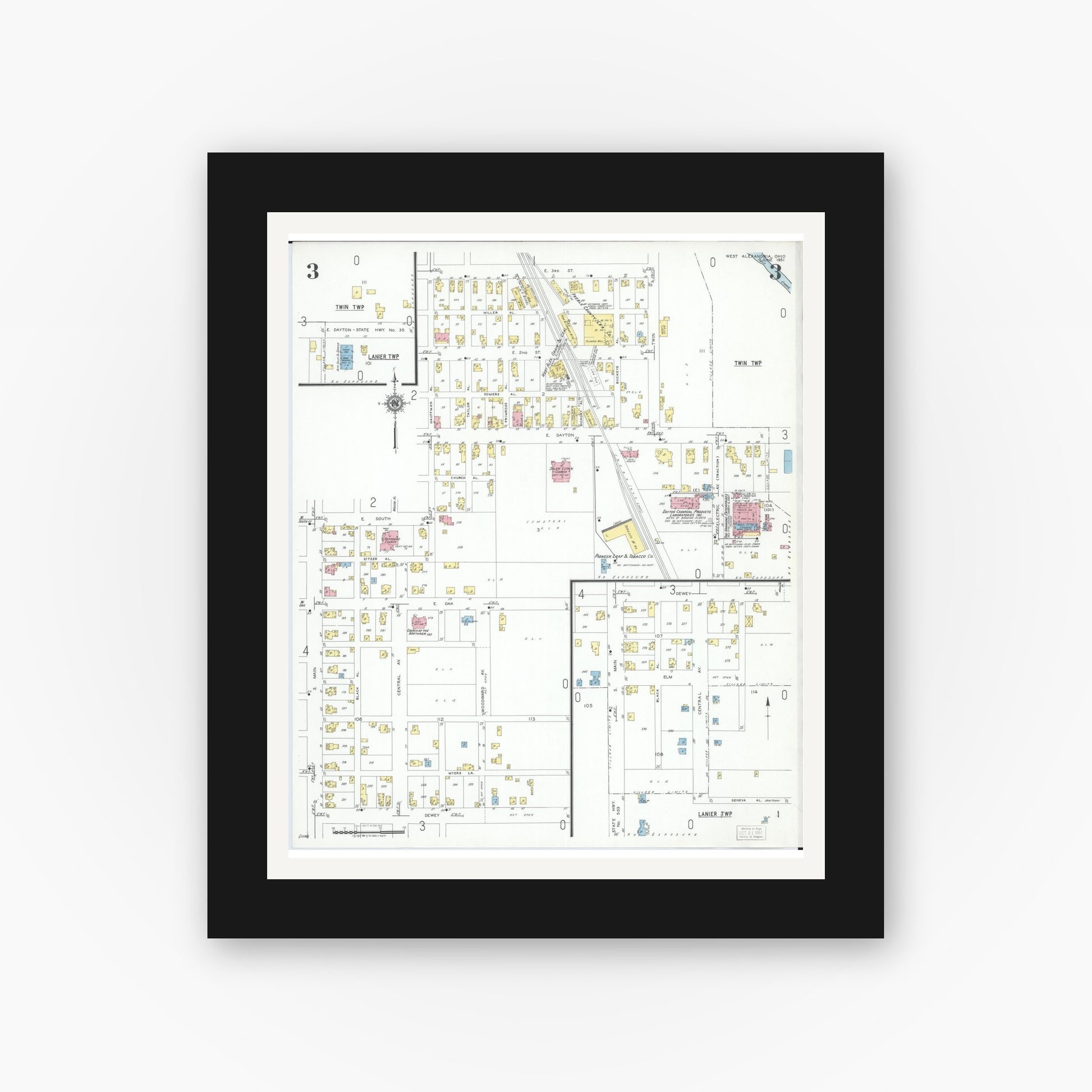 Old map wall art mockup — black gallery frame with white mat — Sanborn Fire Insurance Map from West Alexandria, Preble County, Ohio (1951), Sheet #0003